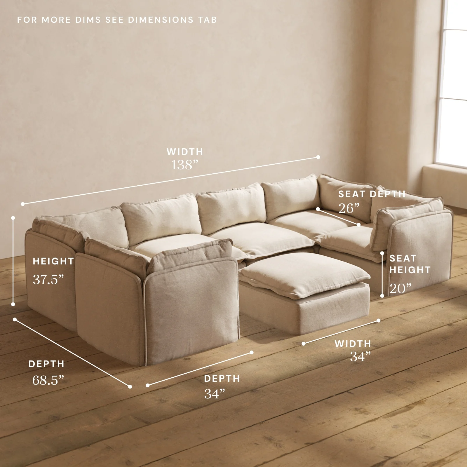 Modular Washable 6-Seater U-Sectional + Ottoman in Oat | Memorix+ Seat | Contour Pillow - Image 5