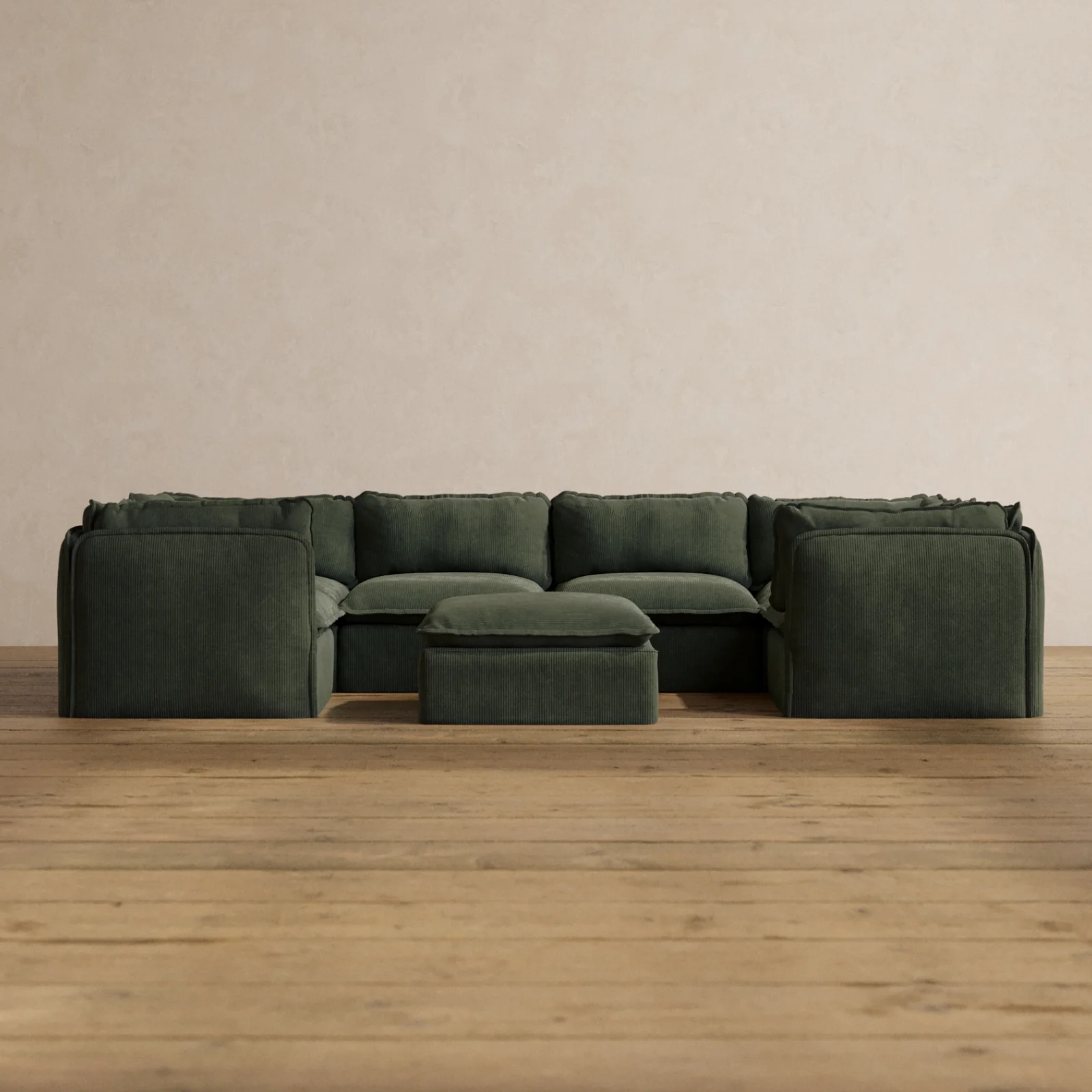 Modular Washable 6-Seater U-Sectional + Ottoman in Olivine | Memorix+ Seat | Contour Pillow