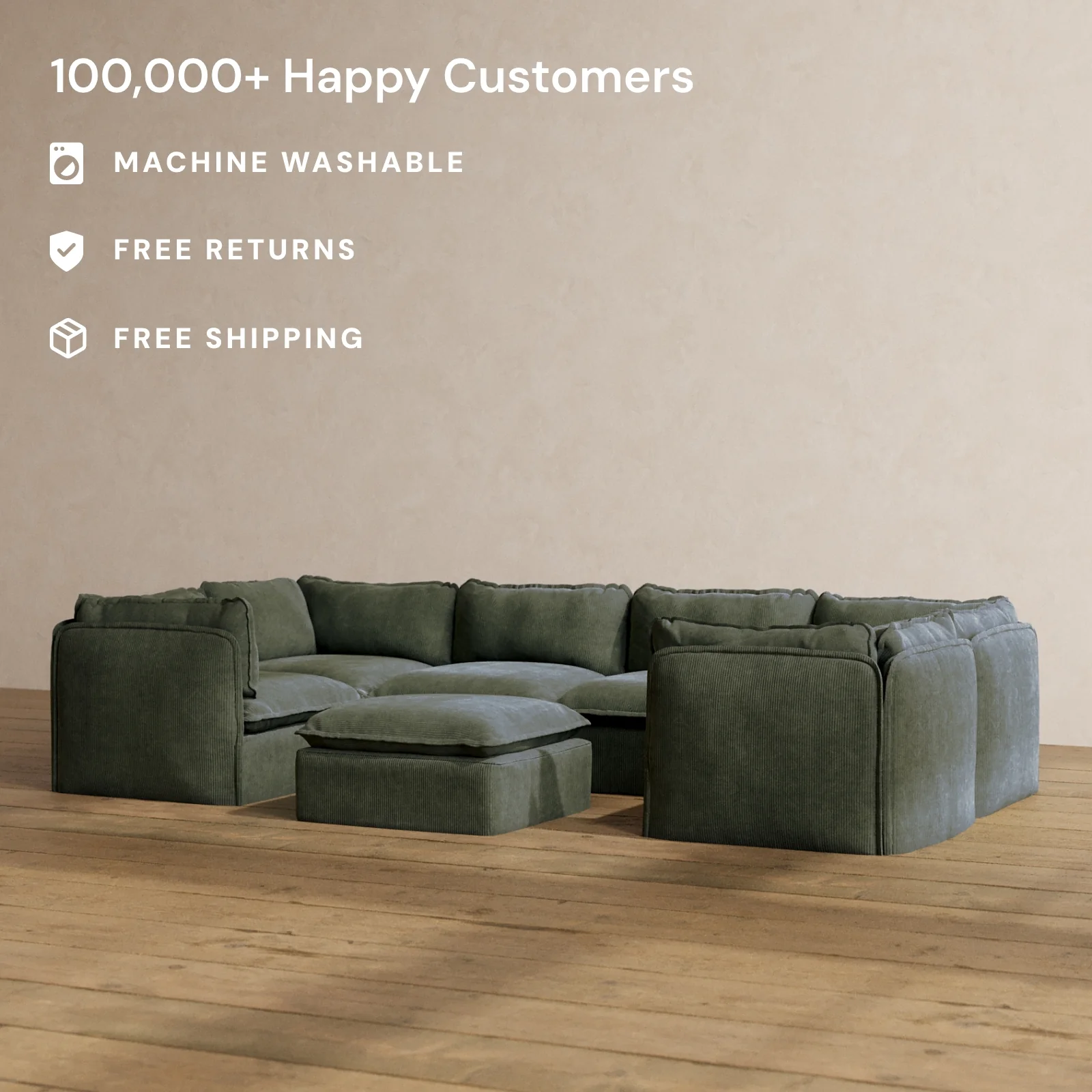 Modular Washable 6-Seater U-Sectional + Ottoman in Olivine | Memorix+ Seat | Contour Pillow - Image 2