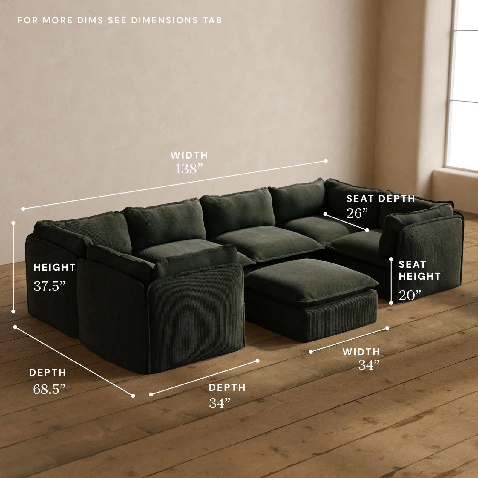 Modular Washable 6-Seater U-Sectional + Ottoman in Olivine | Memorix+ Seat | Contour Pillow - Image 5