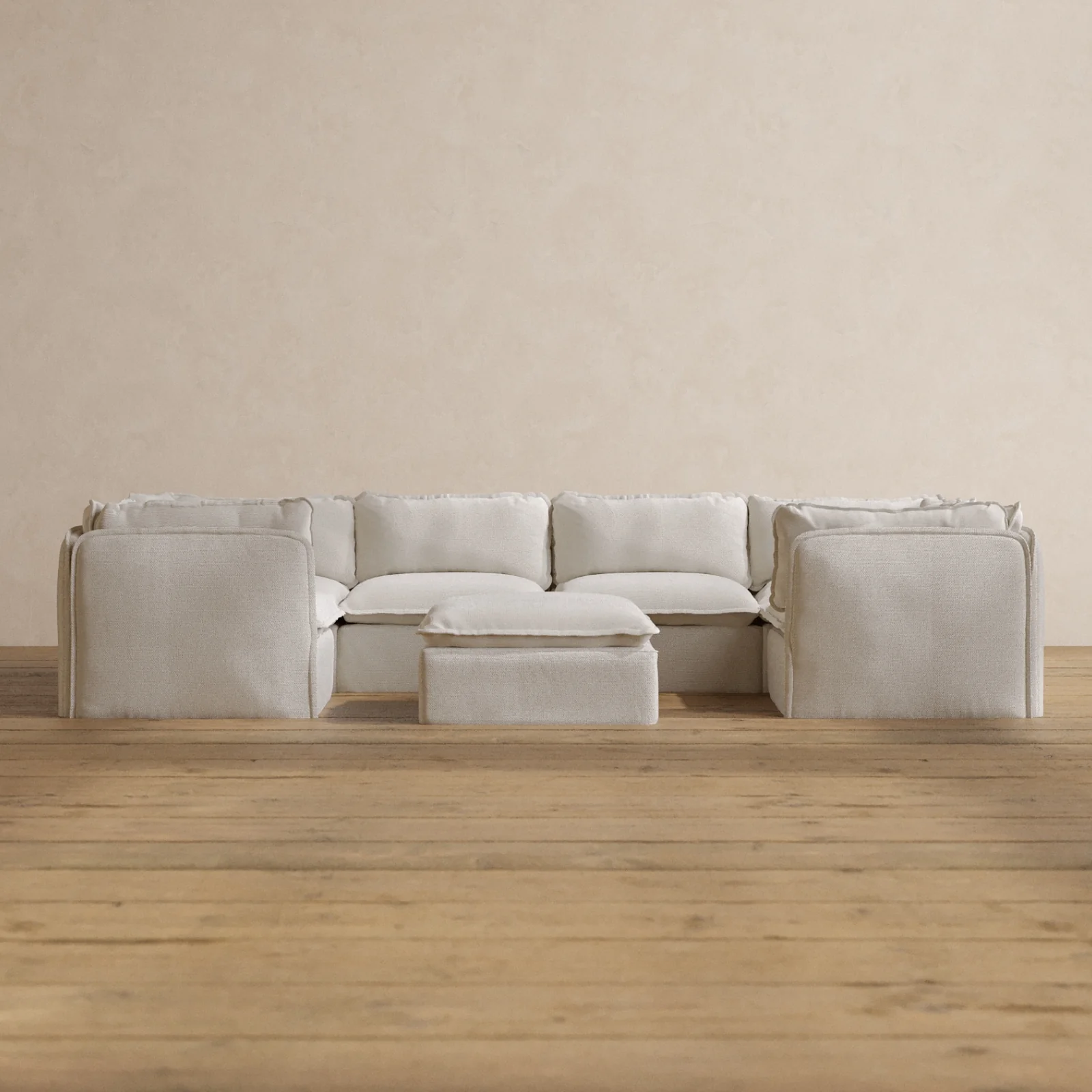Modular Washable 6-Seater U-Sectional + Ottoman in Powder | Deluxe+ Seat | Cloud Pillow