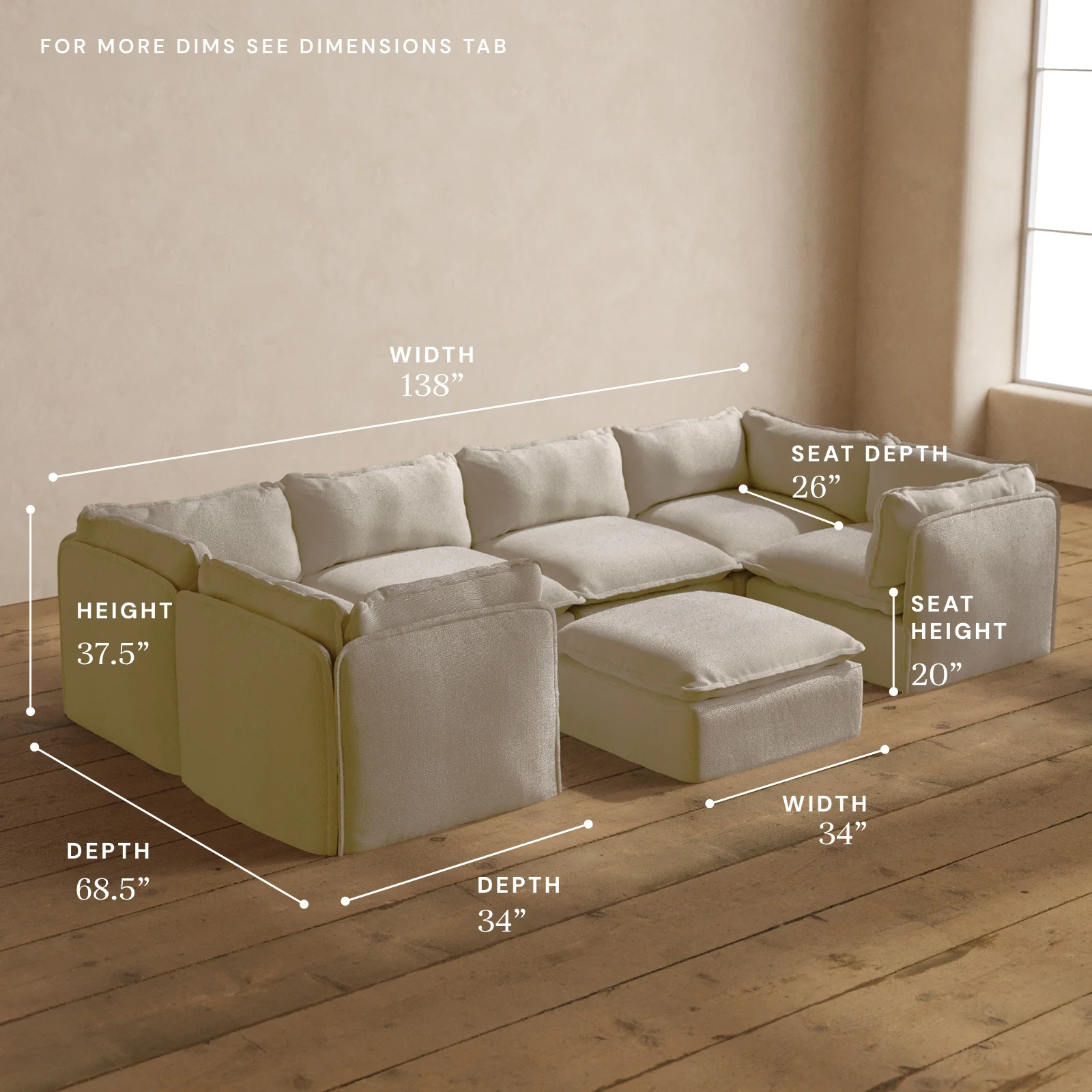 Modular Washable 6-Seater U-Sectional + Ottoman in Powder | Memorix+ Seat | Contour Pillow - Image 5