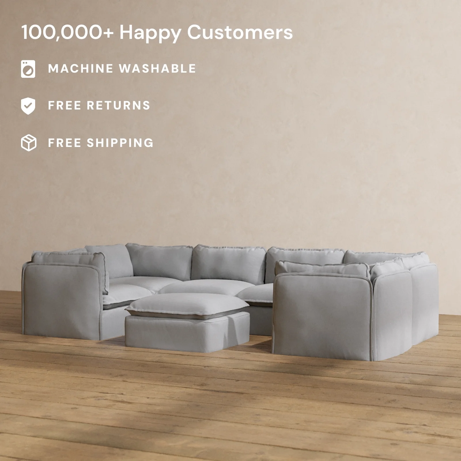 Modular Washable 6-Seater U-Sectional + Ottoman in Pumice | Deluxe+ Seat | Cloud Pillow - Image 2