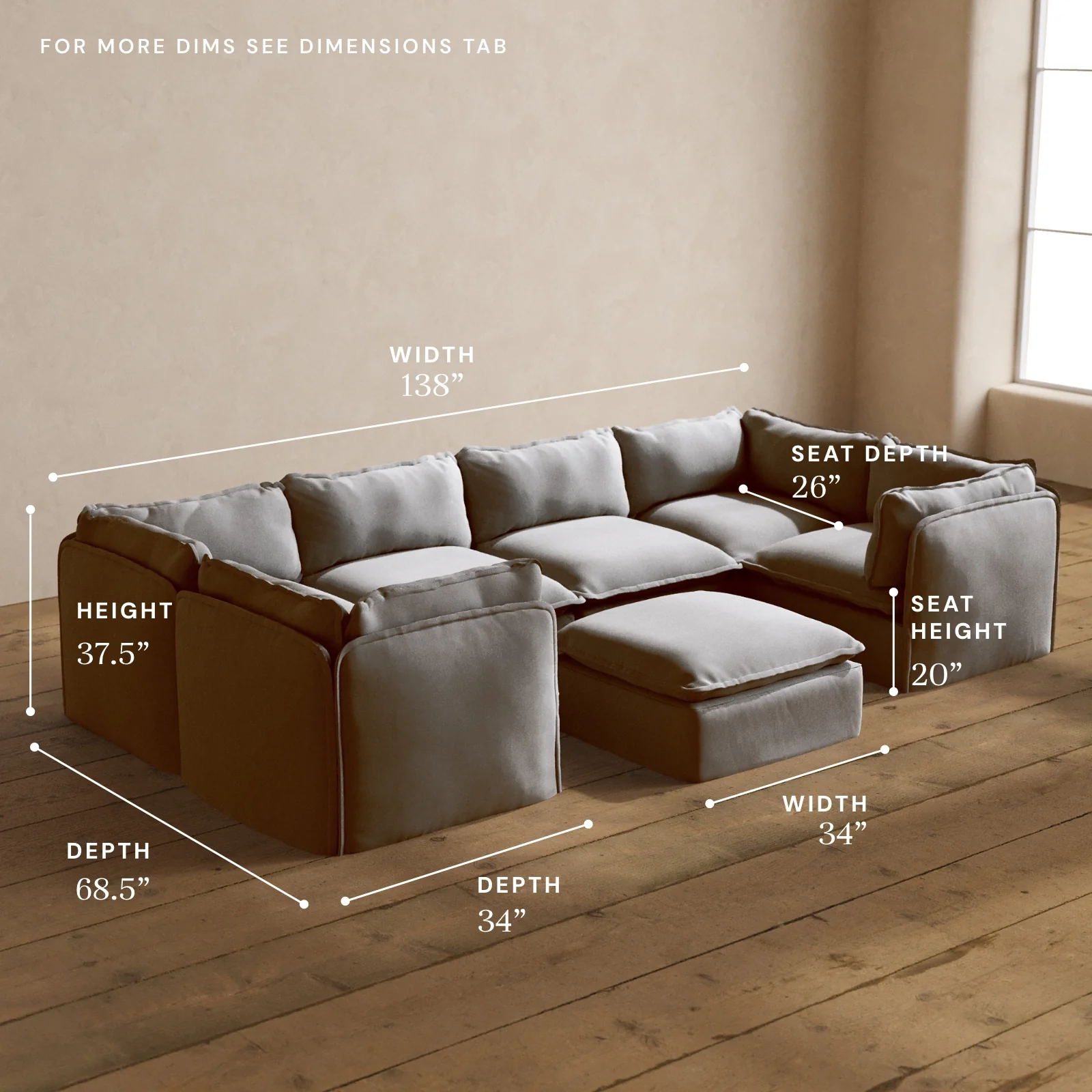 Modular Washable 6-Seater U-Sectional + Ottoman in Pumice | Memorix+ Seat | Contour Pillow - Image 5