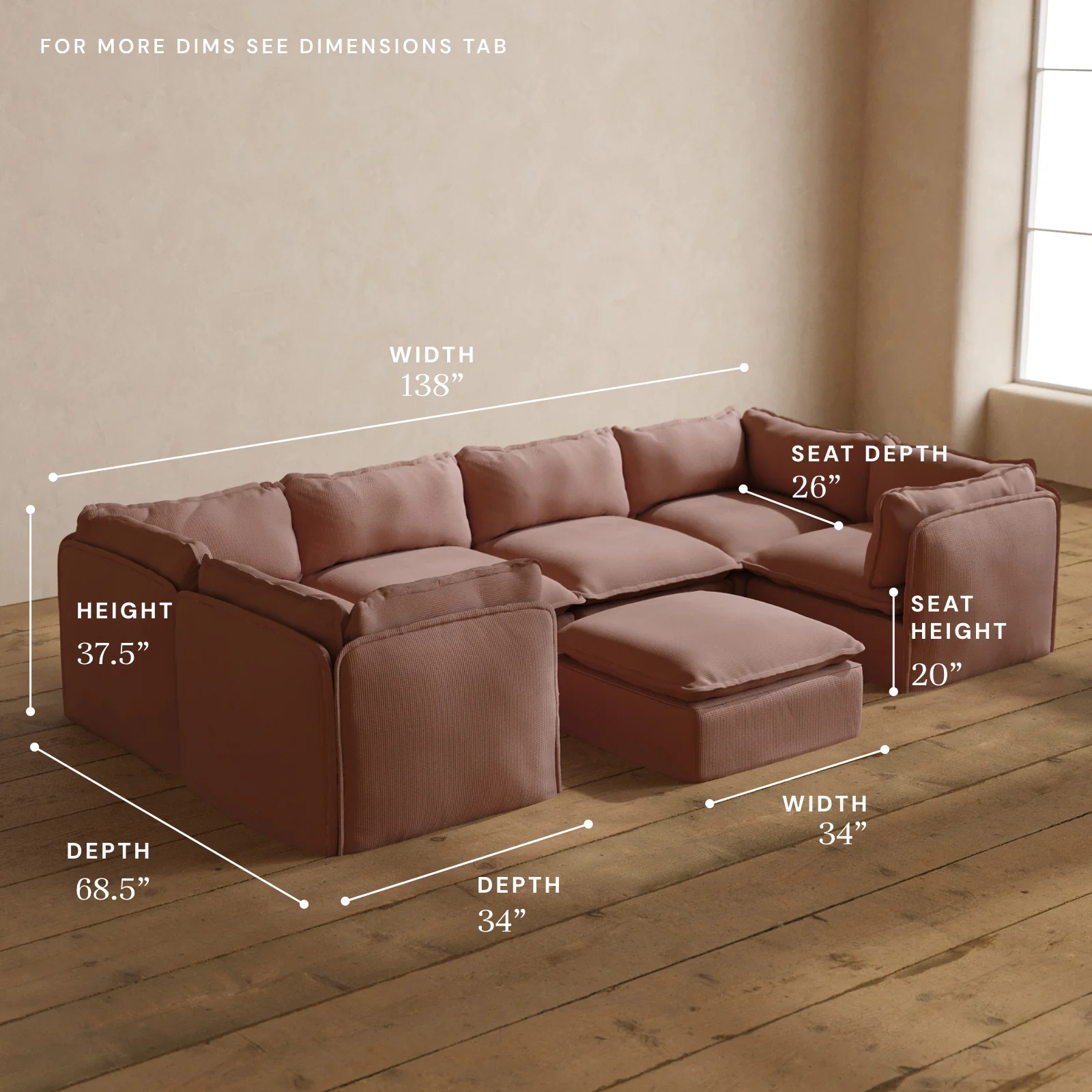 Modular Washable 6-Seater U-Sectional + Ottoman in Sakura | Memorix+ Seat | Contour Pillow - Image 5