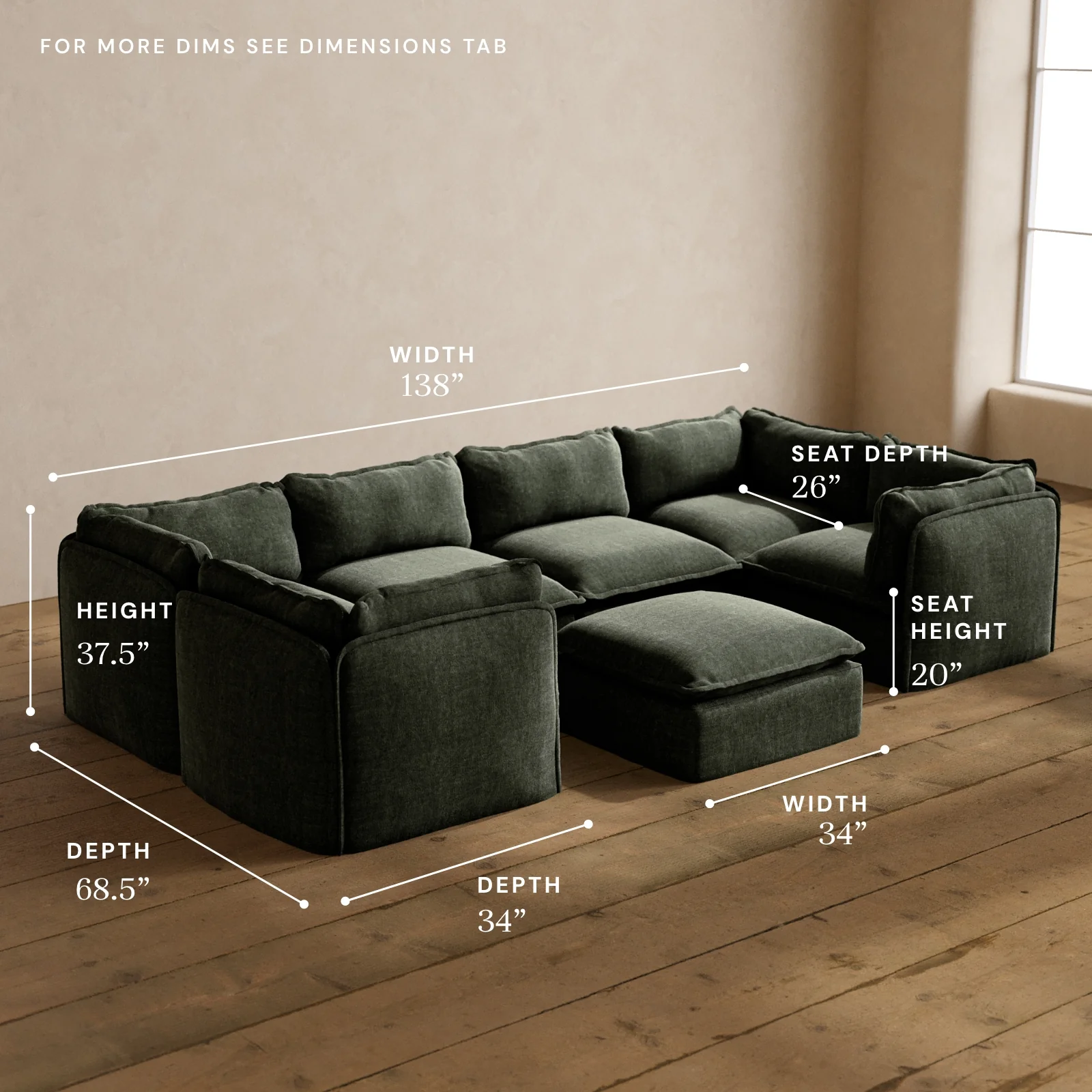 Modular Washable 6-Seater U-Sectional + Ottoman in Willow | Deluxe+ Seat | Cloud Pillow - Image 5