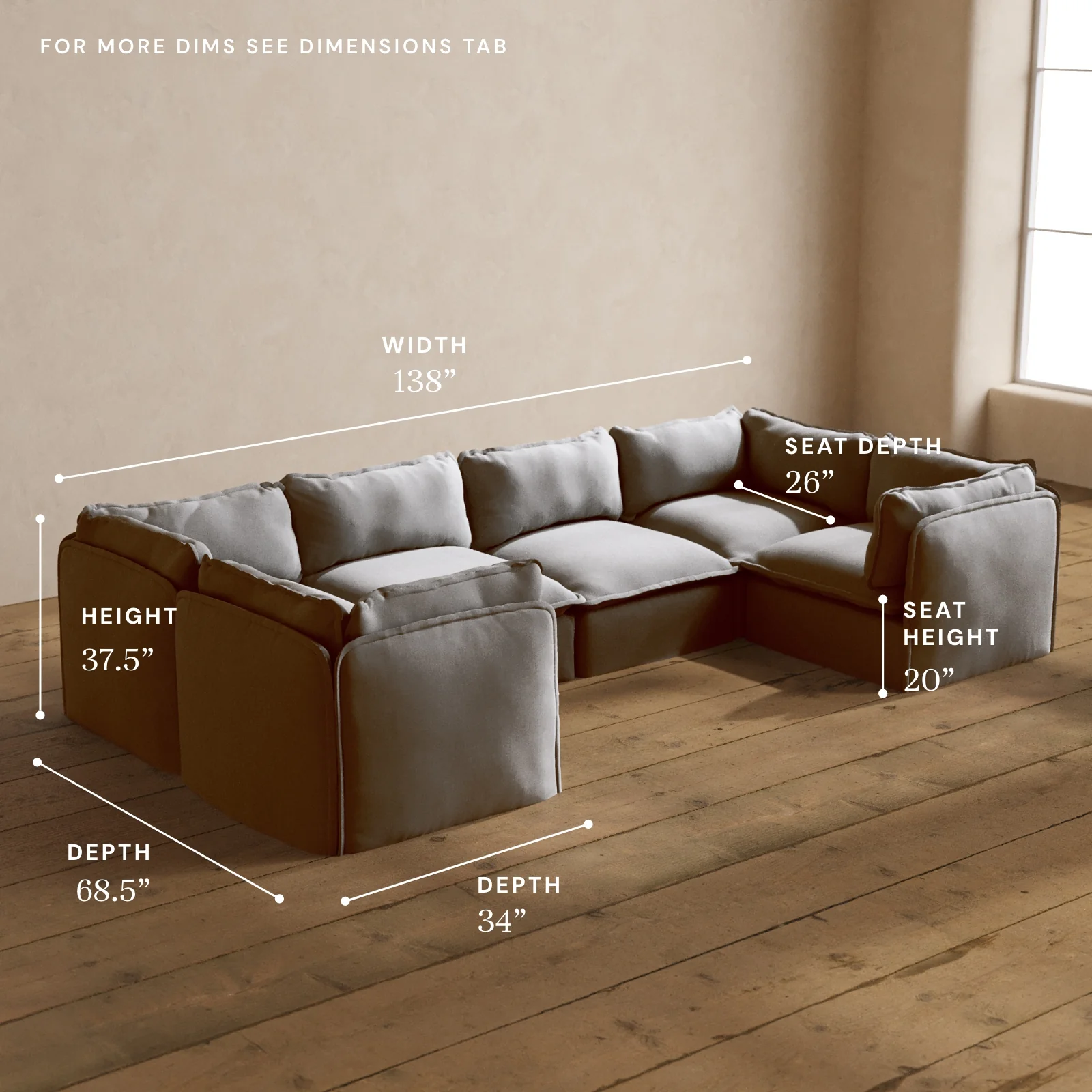 Modular Washable 6-Seater U-Sectional in Pumice | Memorix+ Seat | Contour Pillow - Image 5