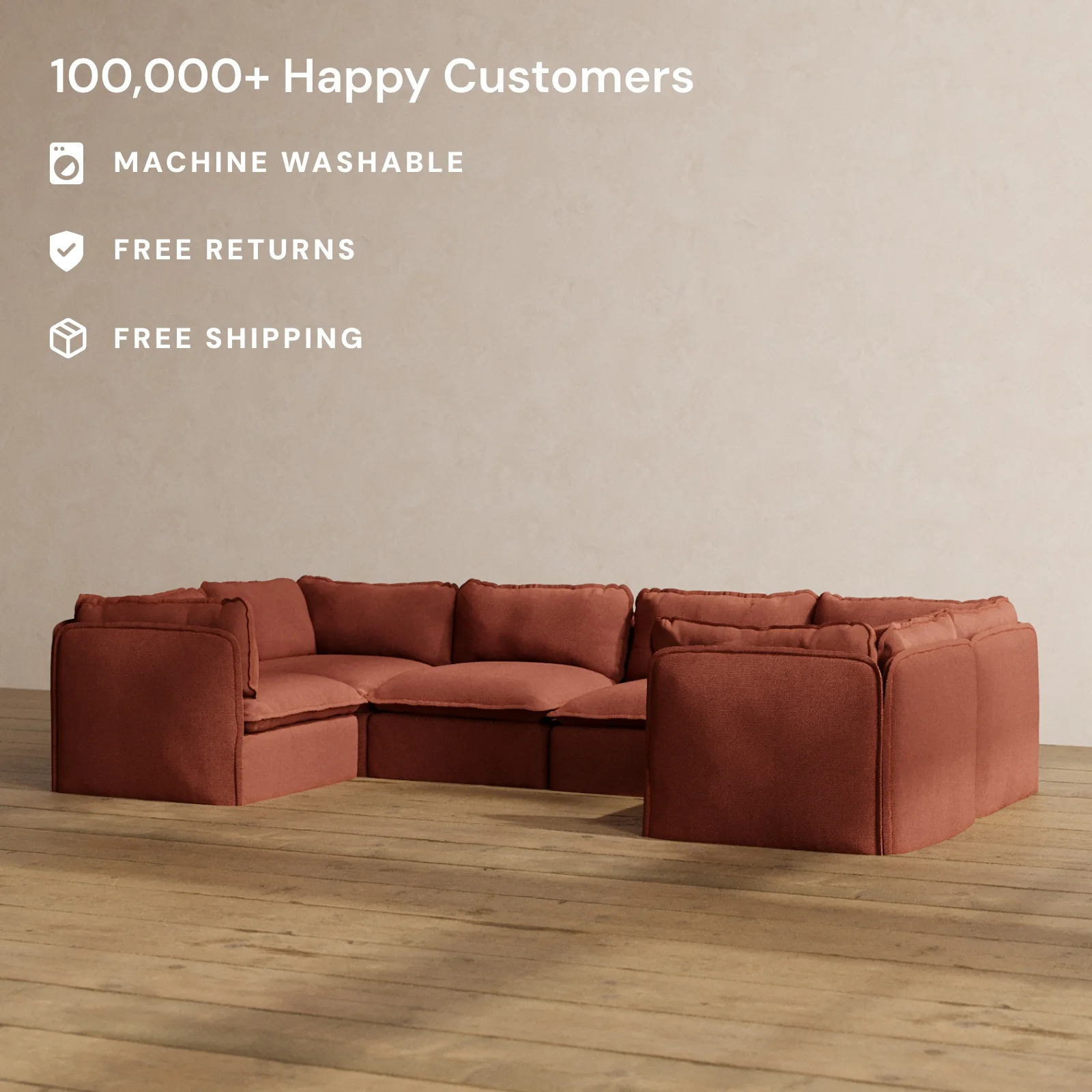 Modular Washable 6-Seater U-Sectional in Rust | Deluxe+ Seat | Cloud Pillow - Image 2