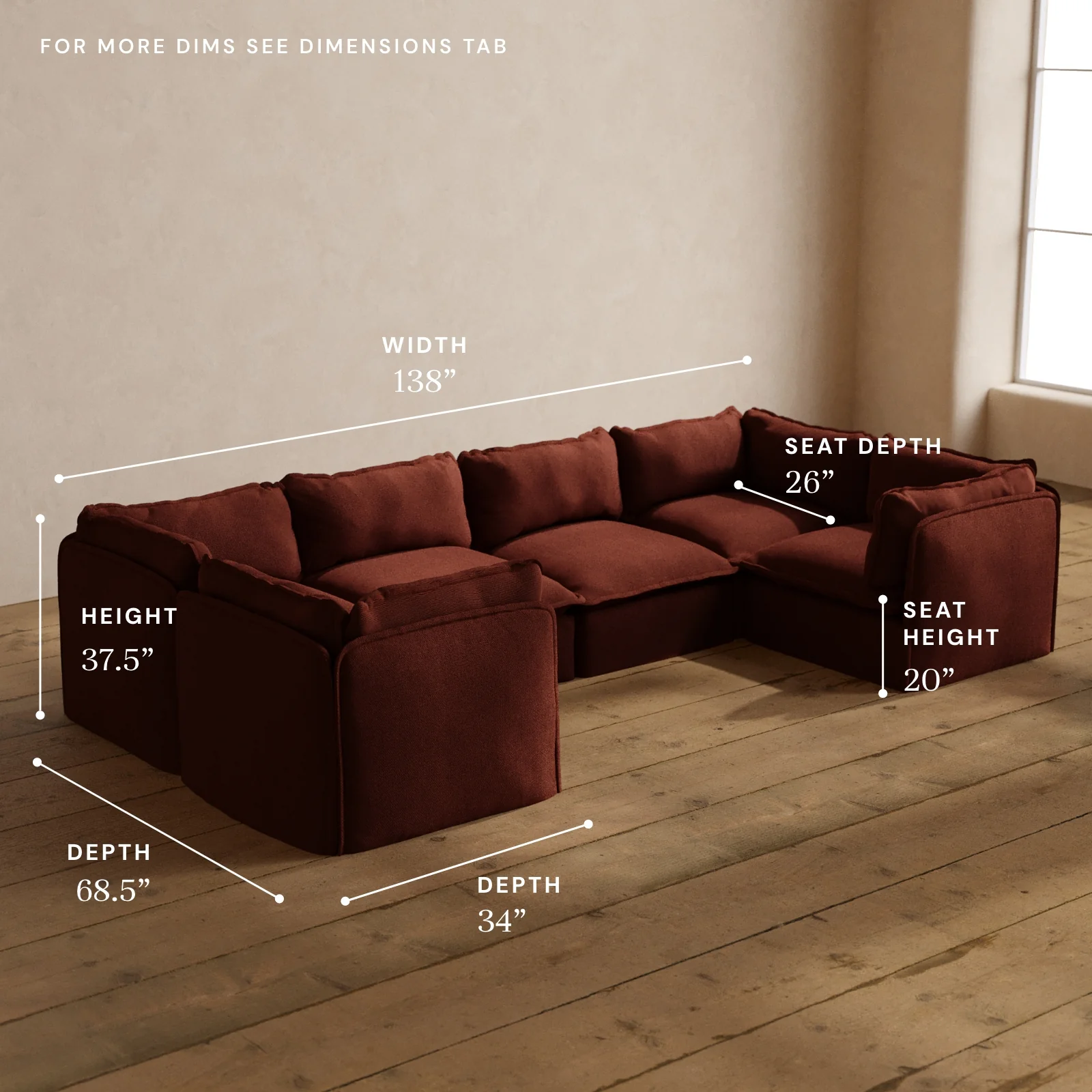Modular Washable 6-Seater U-Sectional in Rust | Deluxe+ Seat | Cloud Pillow - Image 5