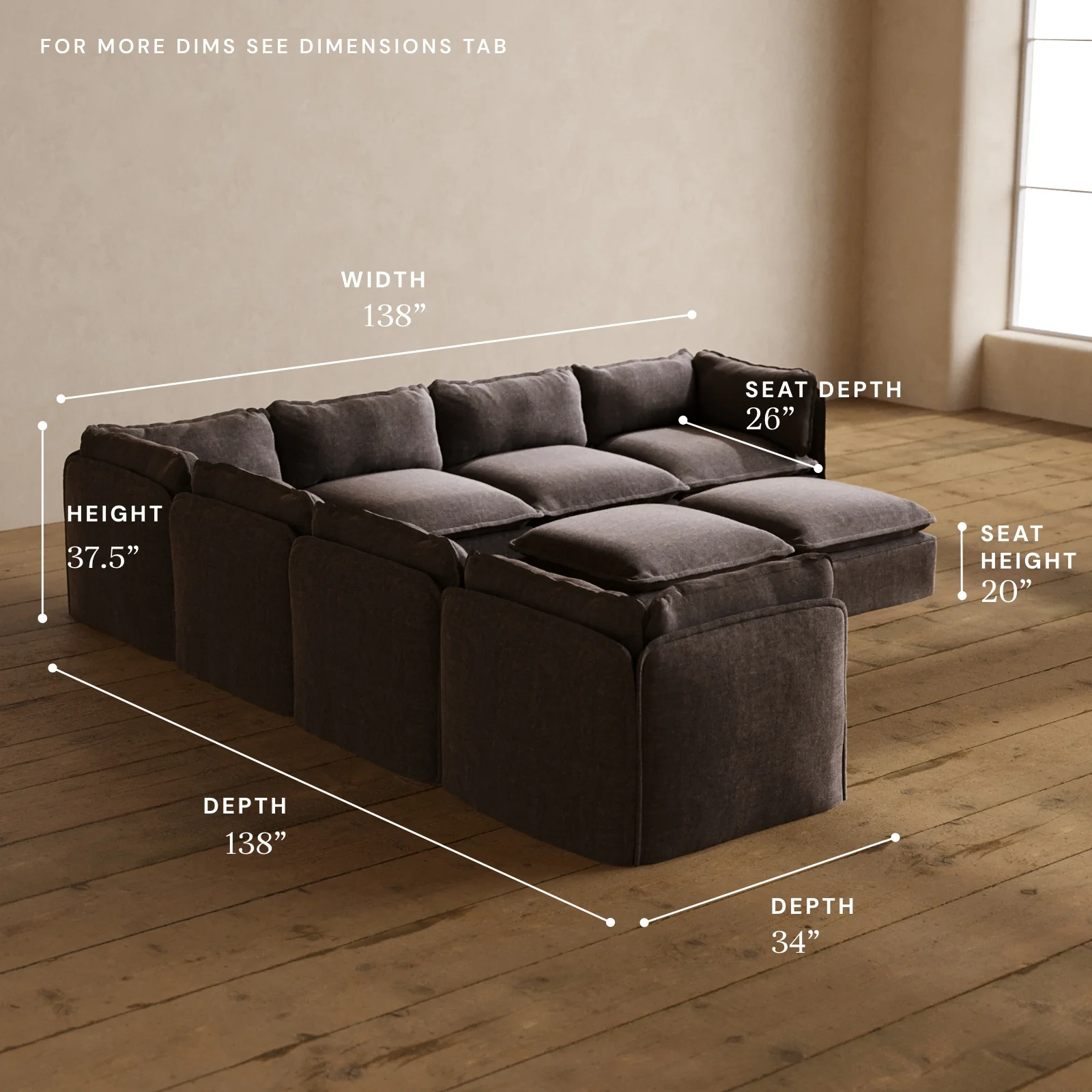 Modular Washable 7-Seater Corner Sectional + Bench Ottoman in Caviar | Deluxe+ Seat | Cloud Pillow - Image 5