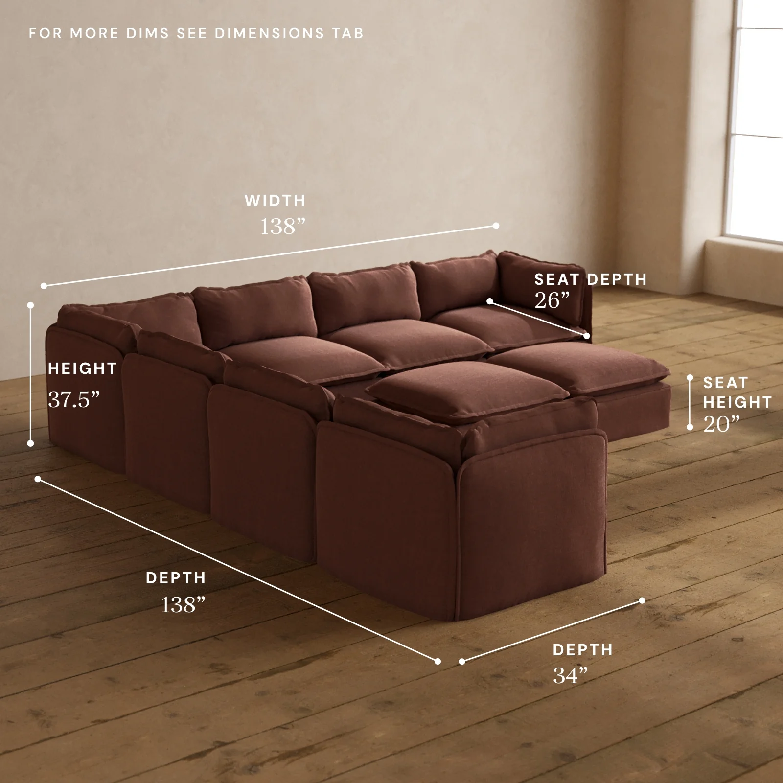 Modular Washable 7-Seater Corner Sectional + Bench Ottoman in Chestnut | Deluxe+ Seat | Cloud Pillow - Image 5