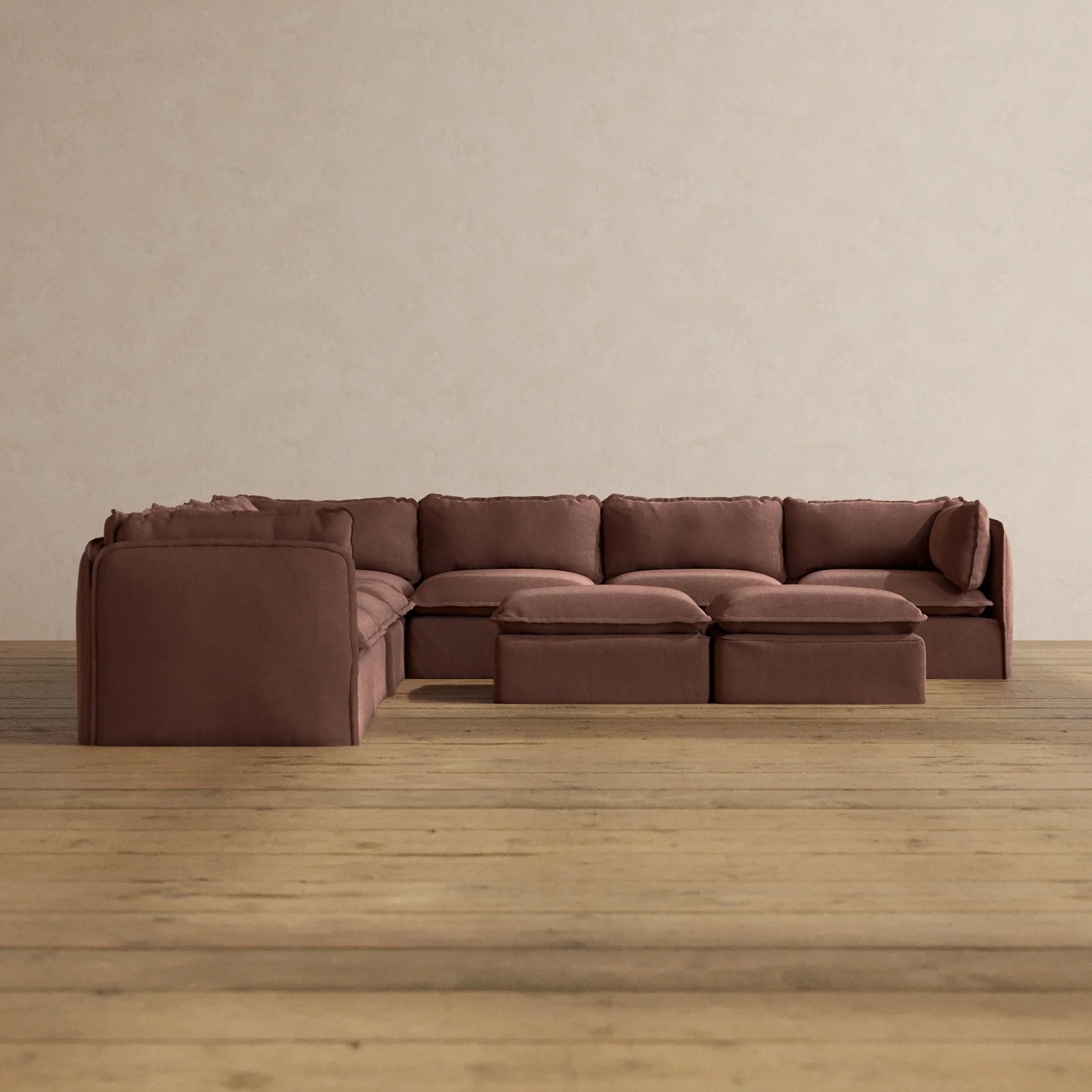 Modular Washable 7-Seater Corner Sectional + Bench Ottoman in Chestnut | Memorix+ Seat | Contour Pillow