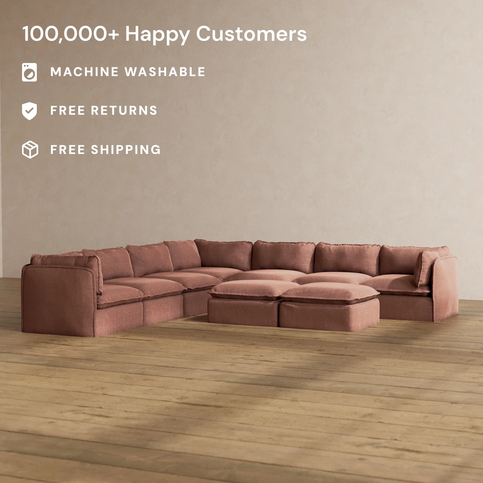 Modular Washable 7-Seater Corner Sectional + Bench Ottoman in Chestnut | Memorix+ Seat | Contour Pillow - Image 2