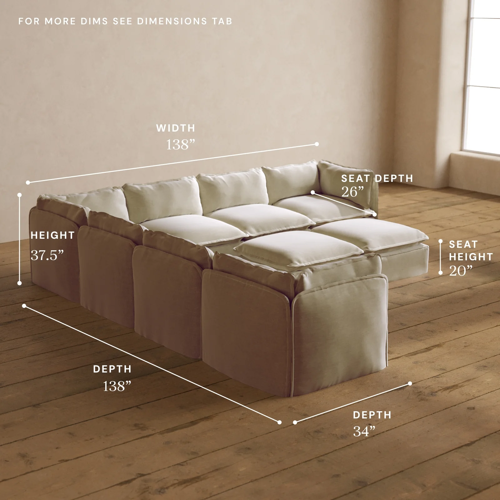 Modular Washable 7-Seater Corner Sectional + Bench Ottoman in Coco | Memorix+ Seat | Contour Pillow - Image 5