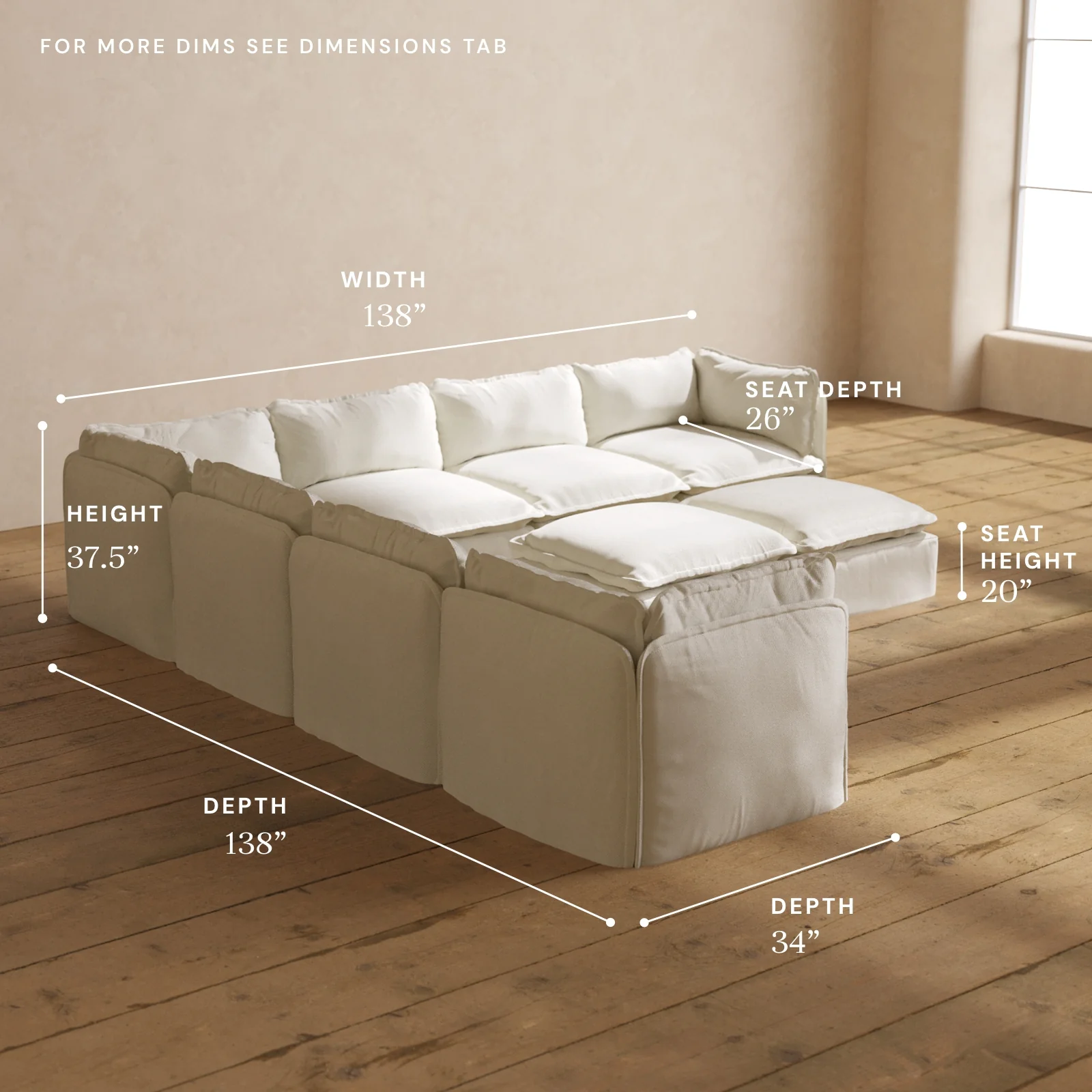 Modular Washable 7-Seater Corner Sectional + Bench Ottoman in Eggshell | Deluxe+ Seat | Cloud Pillow - Image 5