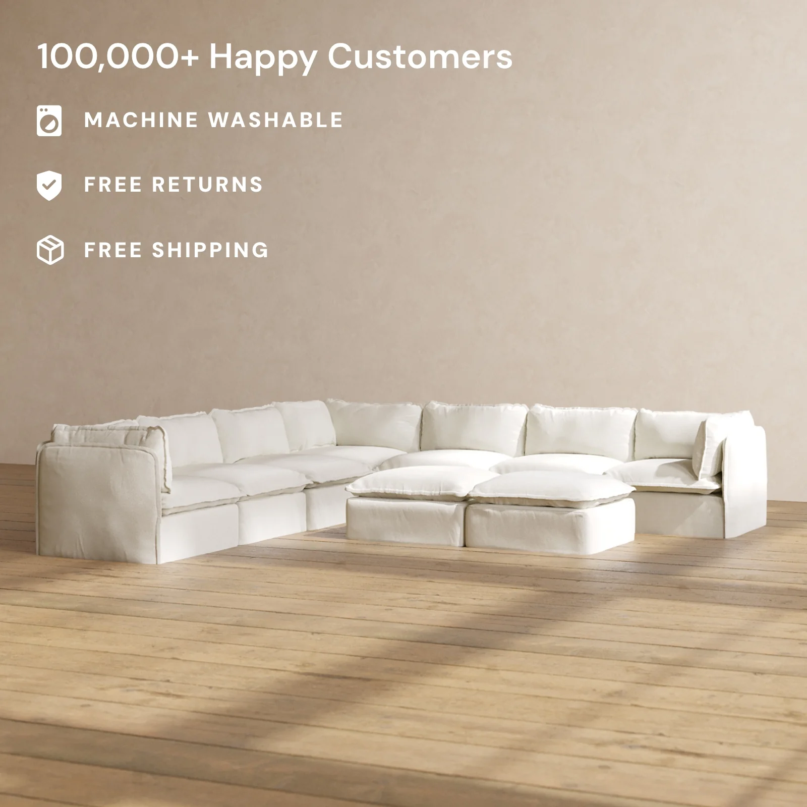 Modular Washable 7-Seater Corner Sectional + Bench Ottoman in Eggshell | Memorix+ Seat | Contour Pillow - Image 2