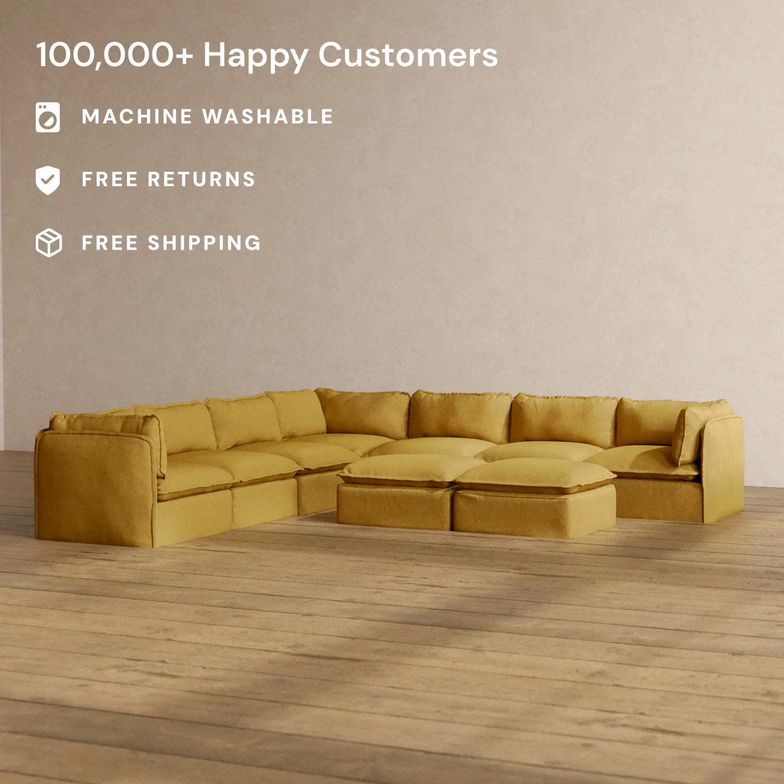 Modular Washable 7-Seater Corner Sectional + Bench Ottoman in Kiiro | Deluxe+ Seat | Cloud Pillow - Image 2