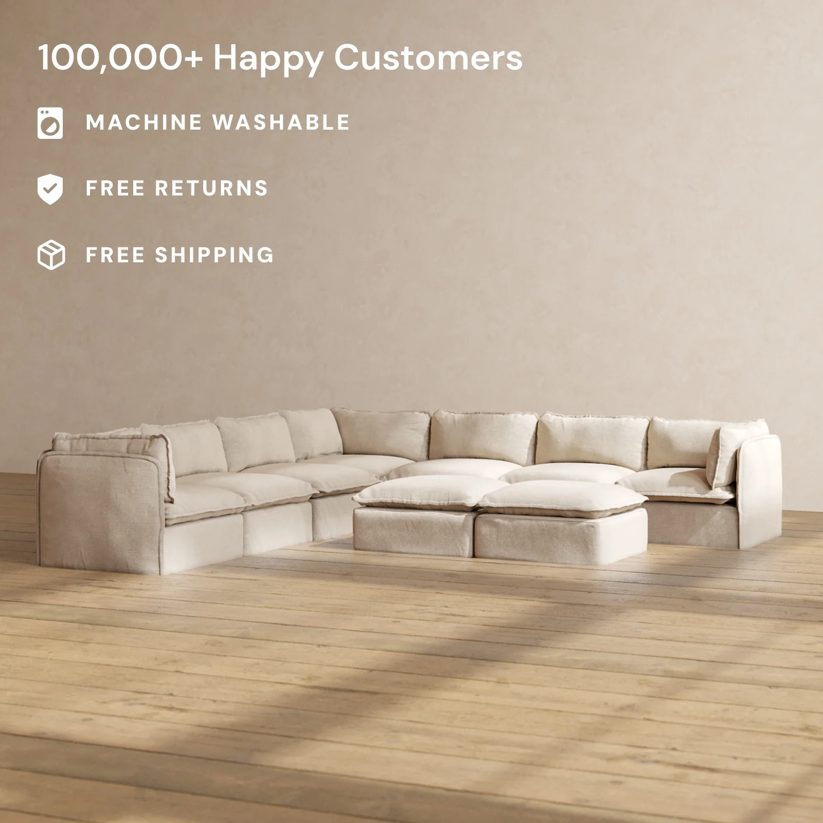 Modular Washable 7-Seater Corner Sectional + Bench Ottoman in Oat | Memorix+ Seat | Contour Pillow - Image 2