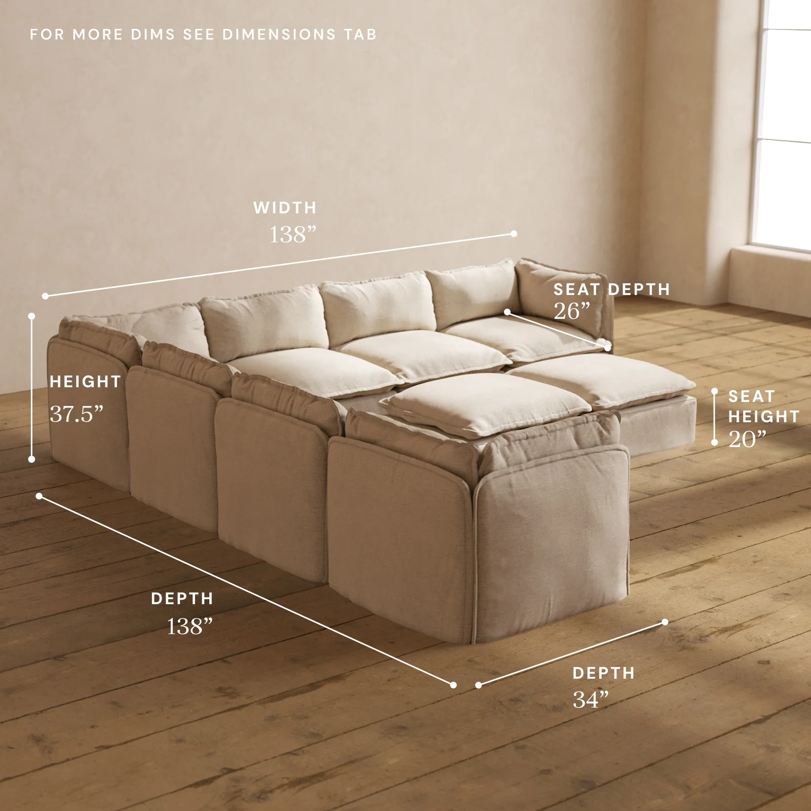 Modular Washable 7-Seater Corner Sectional + Bench Ottoman in Oat | Memorix+ Seat | Contour Pillow - Image 5