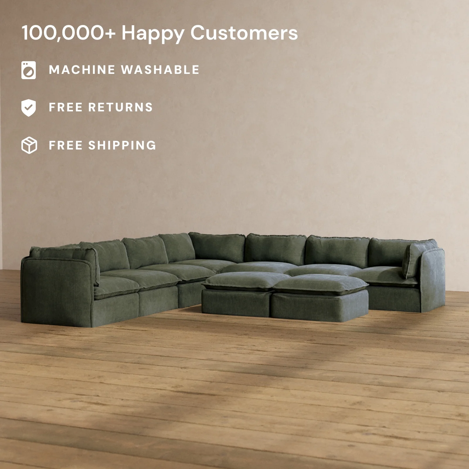 Modular Washable 7-Seater Corner Sectional + Bench Ottoman in Olivine | Memorix+ Seat | Contour Pillow - Image 2