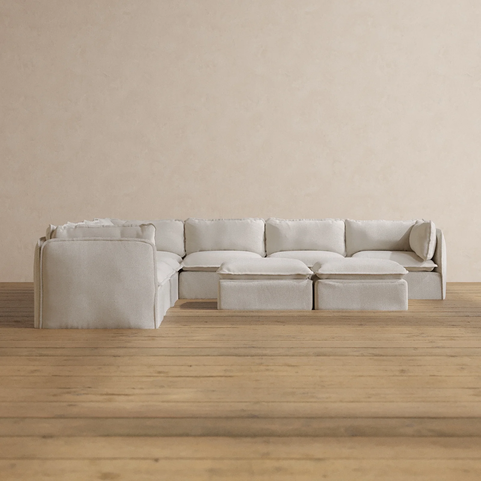 Modular Washable 7-Seater Corner Sectional + Bench Ottoman in Powder | Memorix+ Seat | Contour Pillow