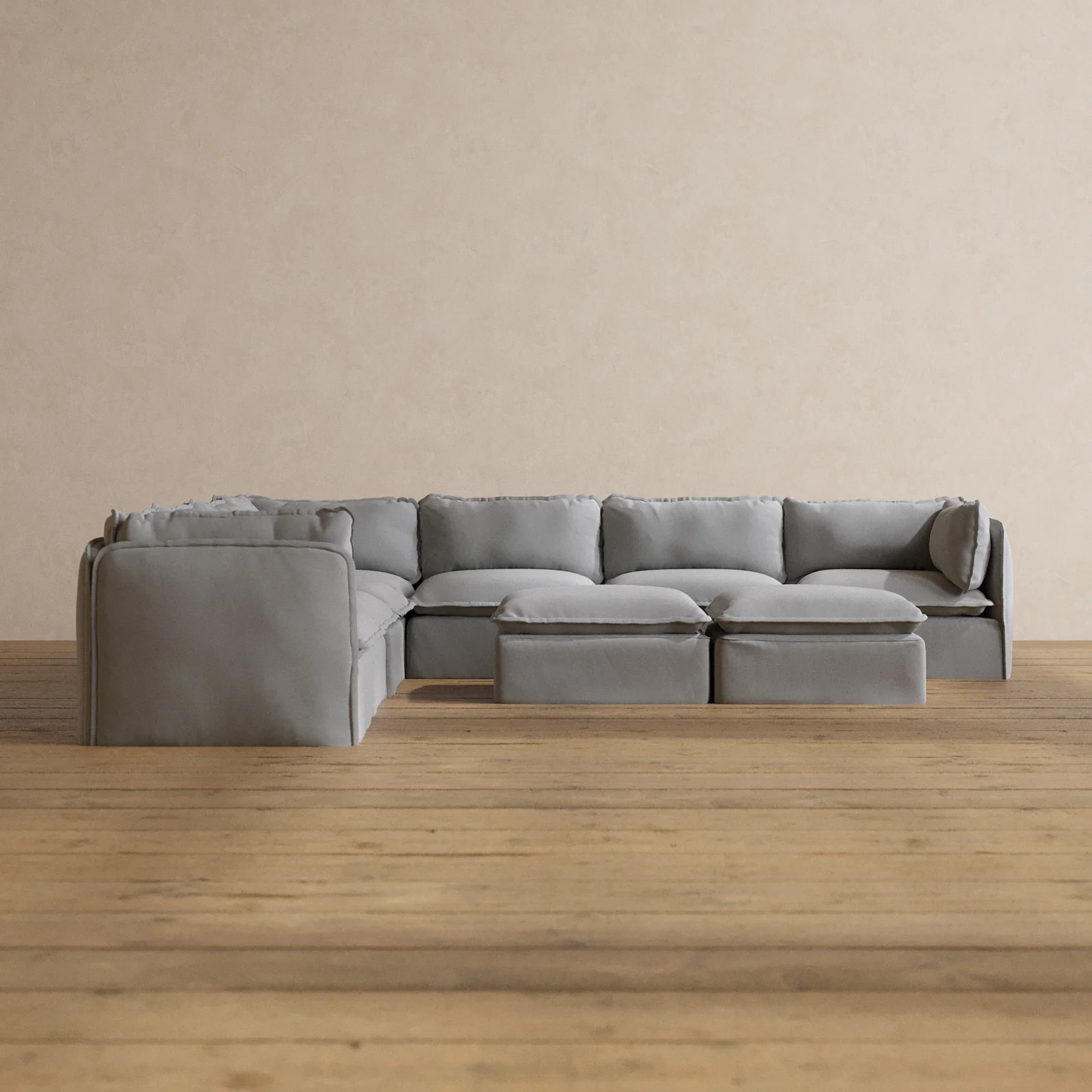 Modular Washable 7-Seater Corner Sectional + Bench Ottoman in Pumice | Deluxe+ Seat | Cloud Pillow