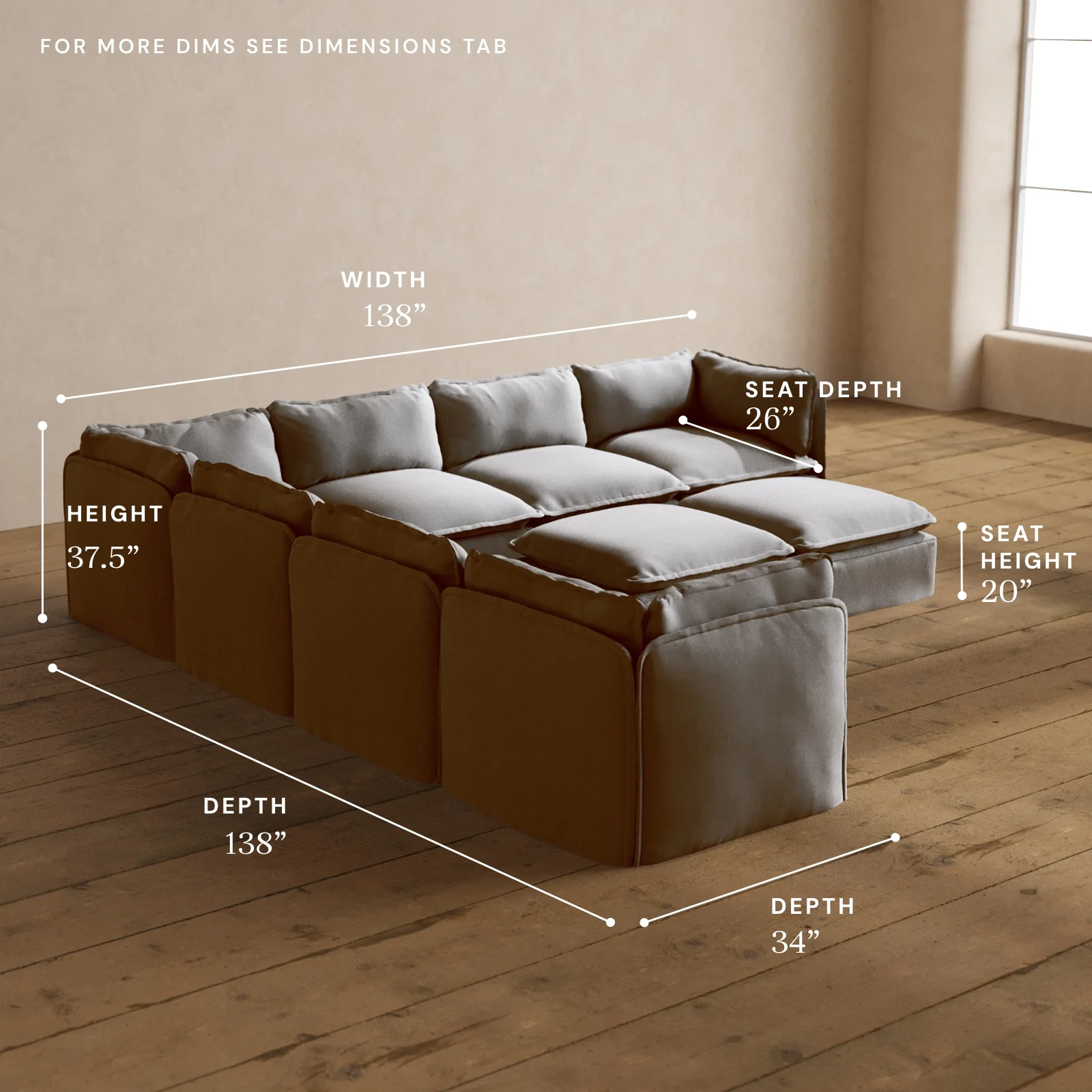 Modular Washable 7-Seater Corner Sectional + Bench Ottoman in Pumice | Memorix+ Seat | Contour Pillow - Image 5