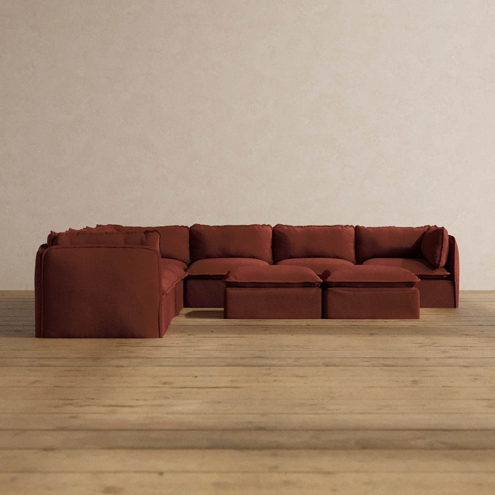 Modular Washable 7-Seater Corner Sectional + Bench Ottoman in Rust | Deluxe+ Seat | Cloud Pillow