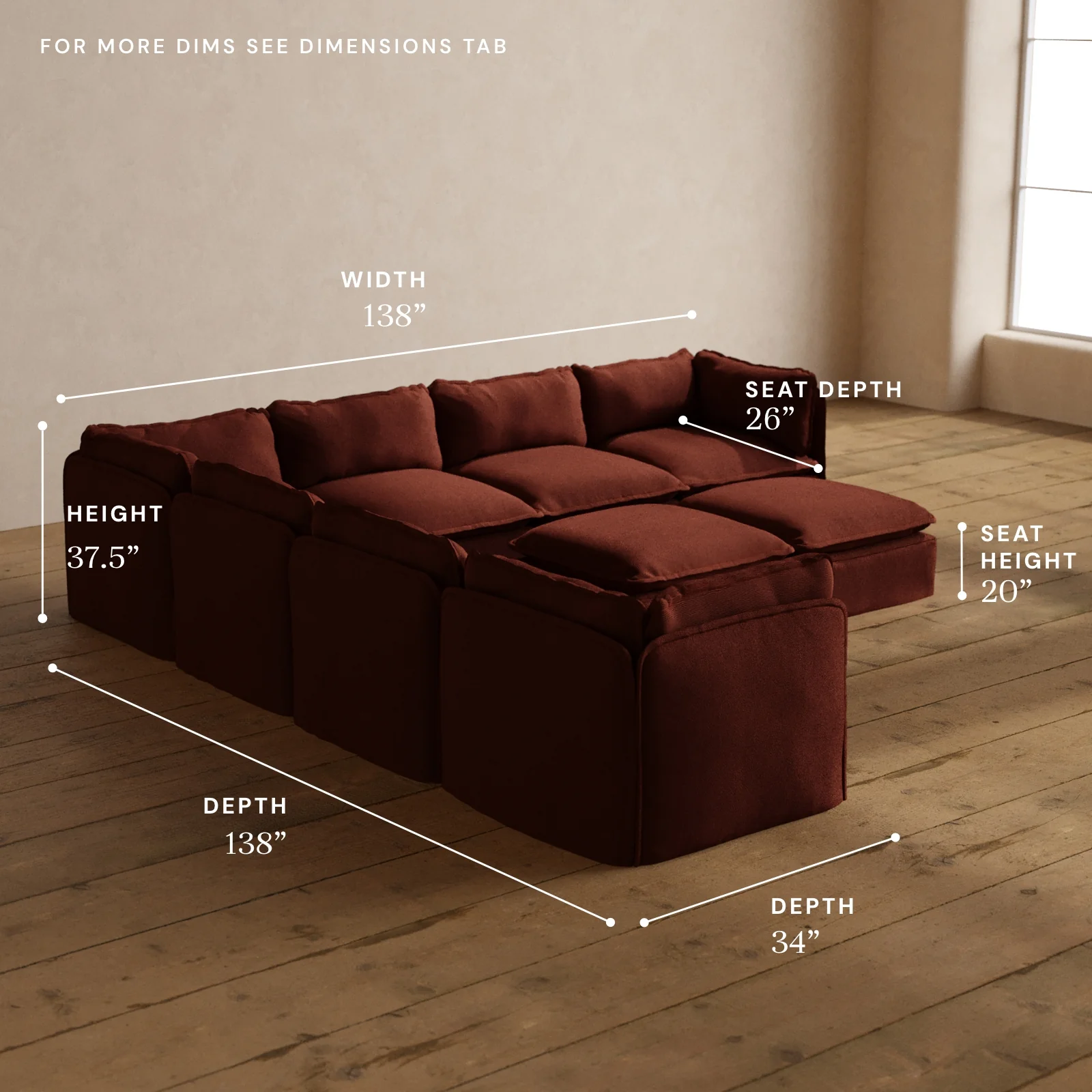 Modular Washable 7-Seater Corner Sectional + Bench Ottoman in Rust | Deluxe+ Seat | Cloud Pillow - Image 5
