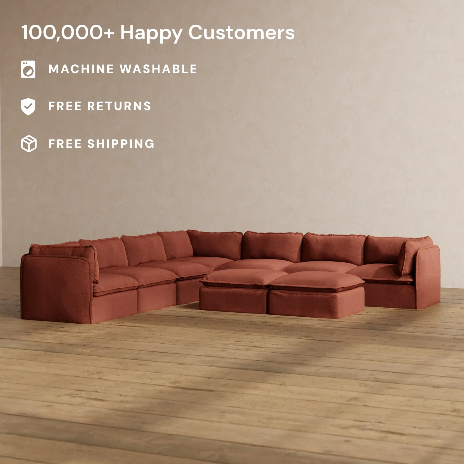 Modular Washable 7-Seater Corner Sectional + Bench Ottoman in Rust | Memorix+ Seat | Contour Pillow - Image 2