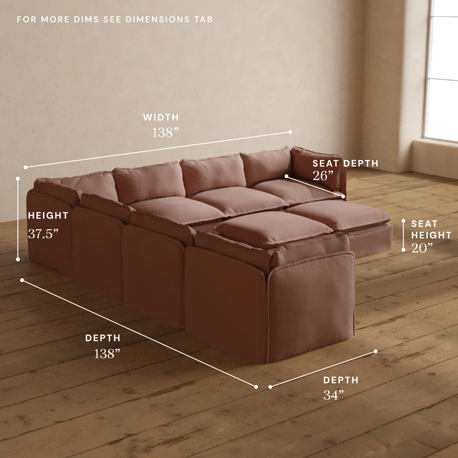 Modular Washable 7-Seater Corner Sectional + Bench Ottoman in Sakura | Memorix+ Seat | Contour Pillow - Image 5