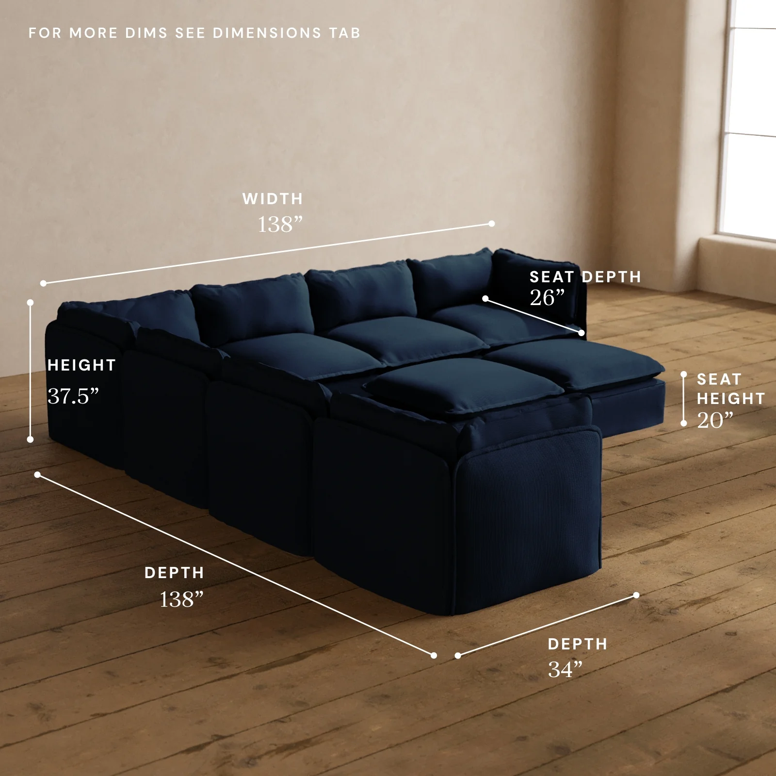 Modular Washable 7-Seater Corner Sectional + Bench Ottoman in Sumi | Memorix+ Seat | Contour Pillow - Image 5