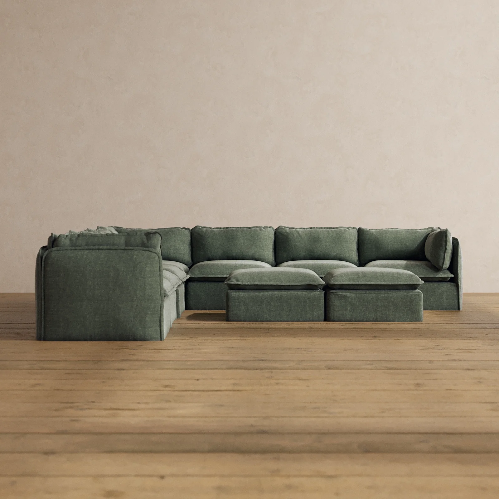 Modular Washable 7-Seater Corner Sectional + Bench Ottoman in Willow | Deluxe+ Seat | Cloud Pillow