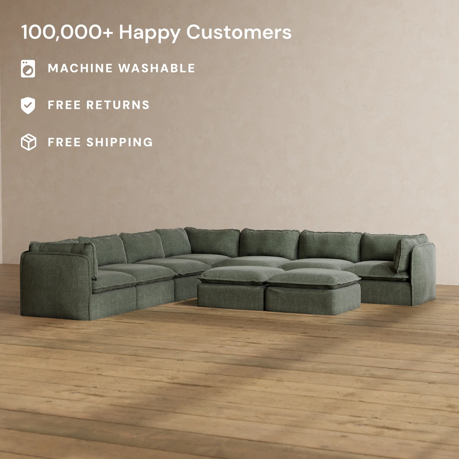 Modular Washable 7-Seater Corner Sectional + Bench Ottoman in Willow | Deluxe+ Seat | Cloud Pillow - Image 2