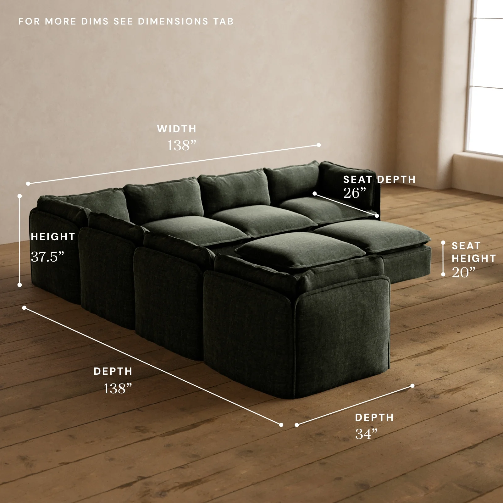 Modular Washable 7-Seater Corner Sectional + Bench Ottoman in Willow | Deluxe+ Seat | Cloud Pillow - Image 5