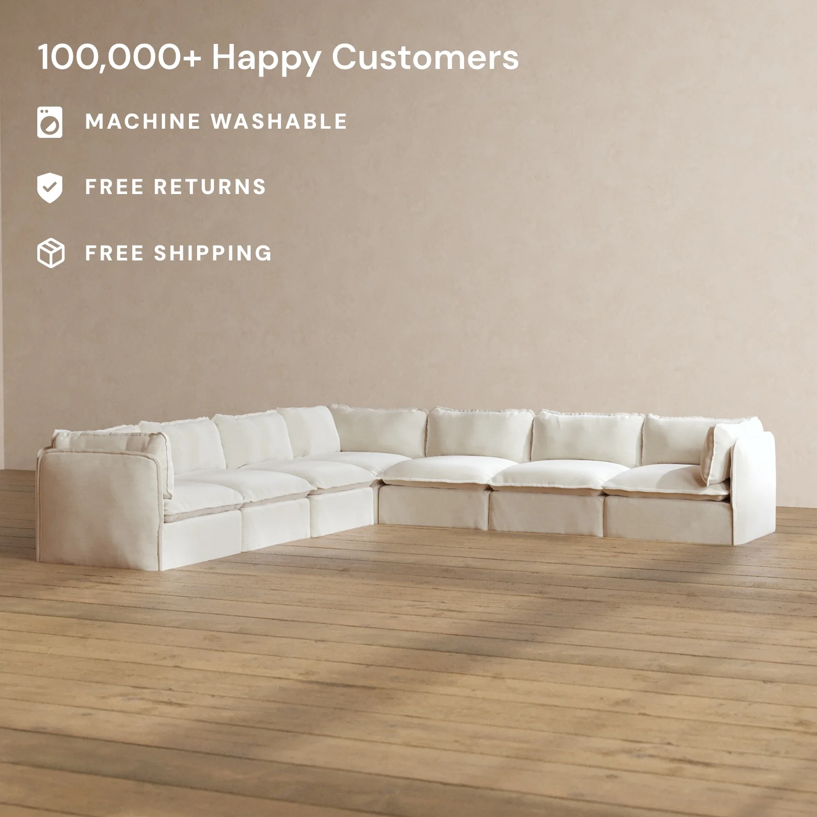 Modular Washable 7-Seater Corner Sectional in Coco | Deluxe+ Seat | Cloud Pillow - Image 2