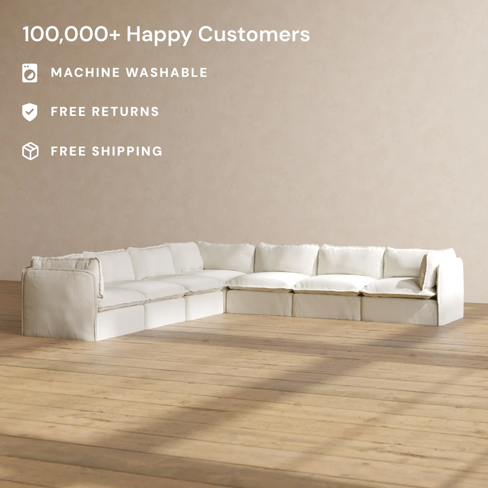 Modular Washable 7-Seater Corner Sectional in Eggshell | Deluxe+ Seat | Cloud Pillow - Image 2