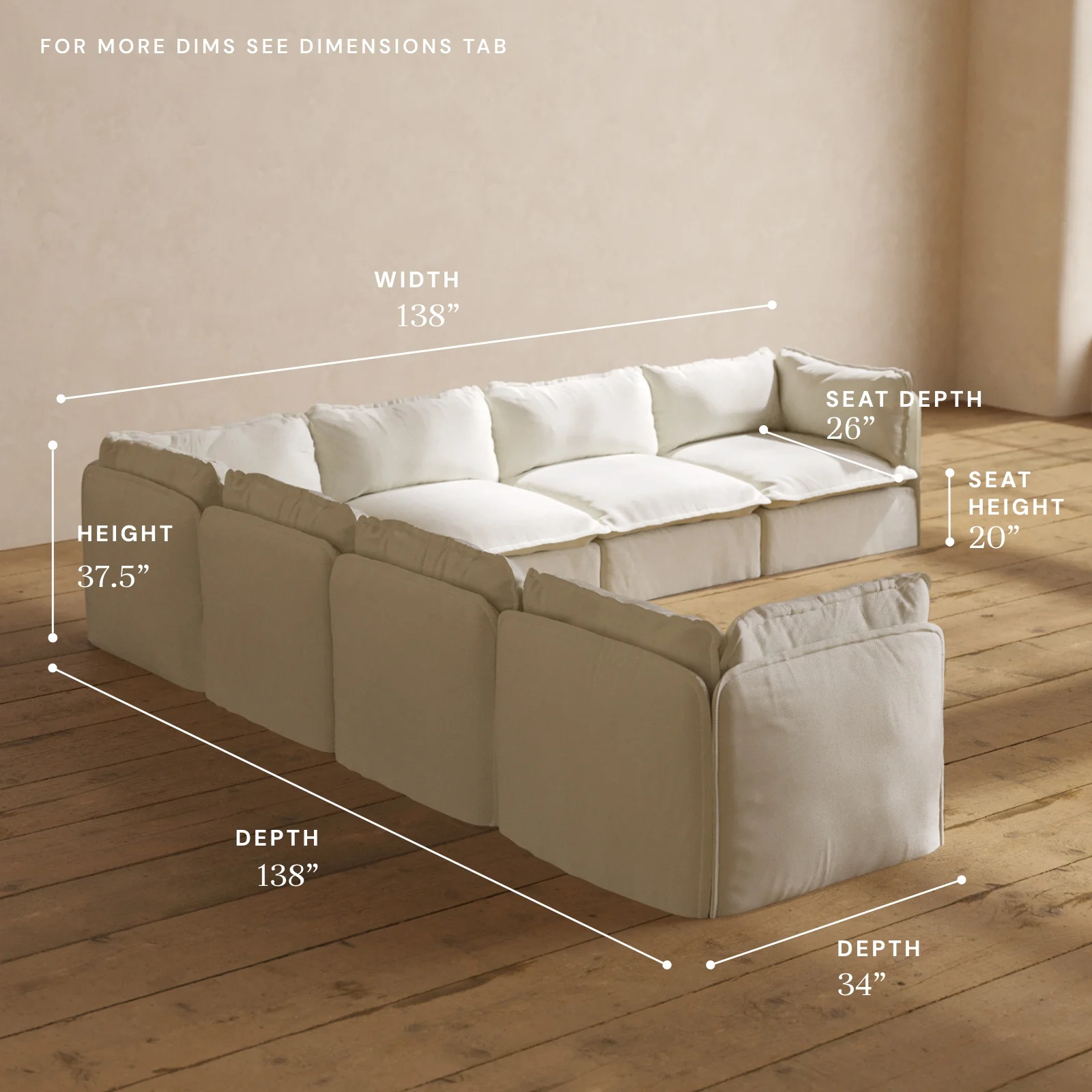 Modular Washable 7-Seater Corner Sectional in Eggshell | Deluxe+ Seat | Cloud Pillow - Image 5