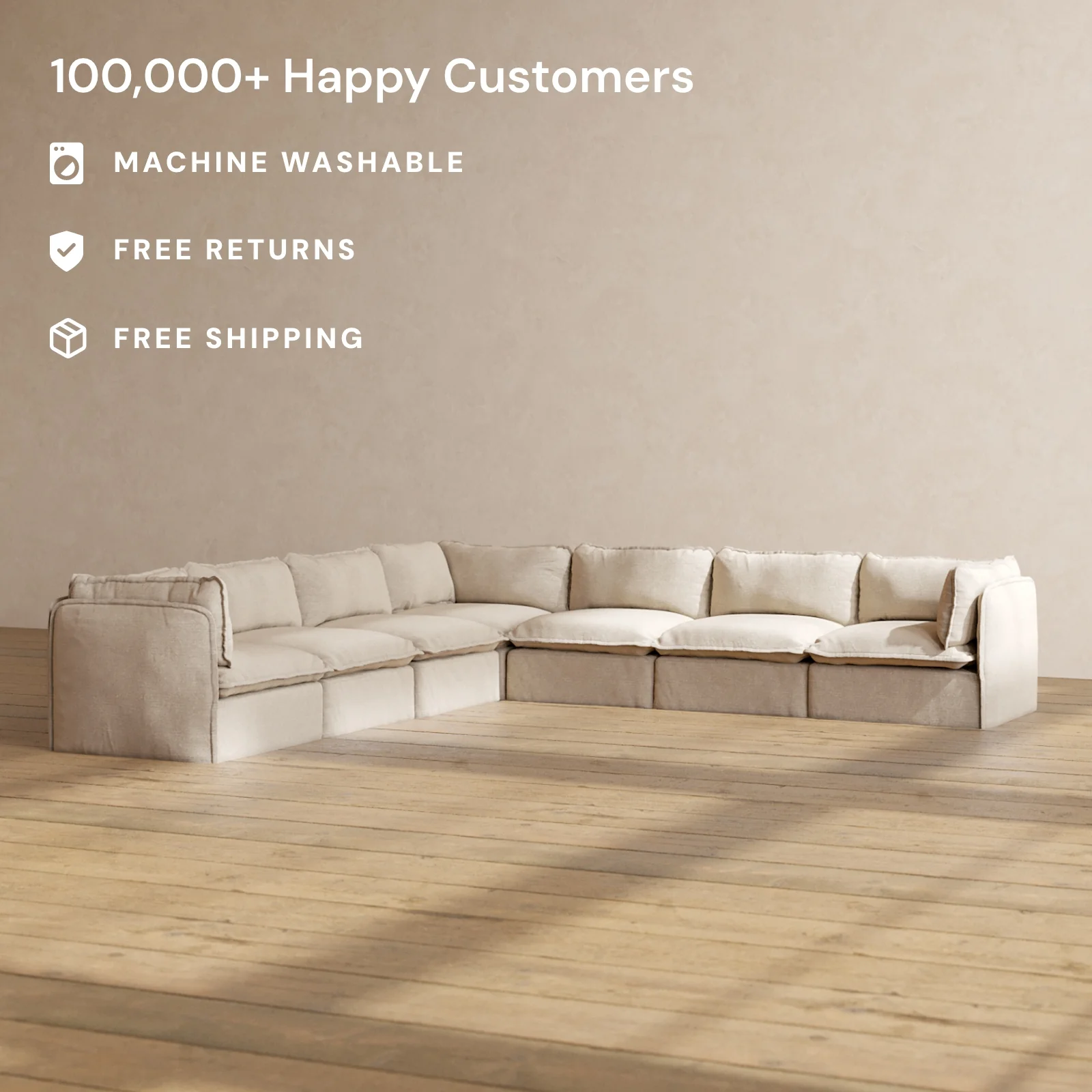 Modular Washable 7-Seater Corner Sectional in Oat | Deluxe+ Seat | Cloud Pillow - Image 2
