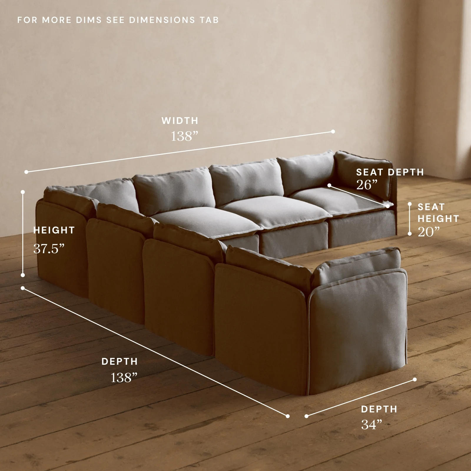 Modular Washable 7-Seater Corner Sectional in Pumice | Deluxe+ Seat | Cloud Pillow - Image 5