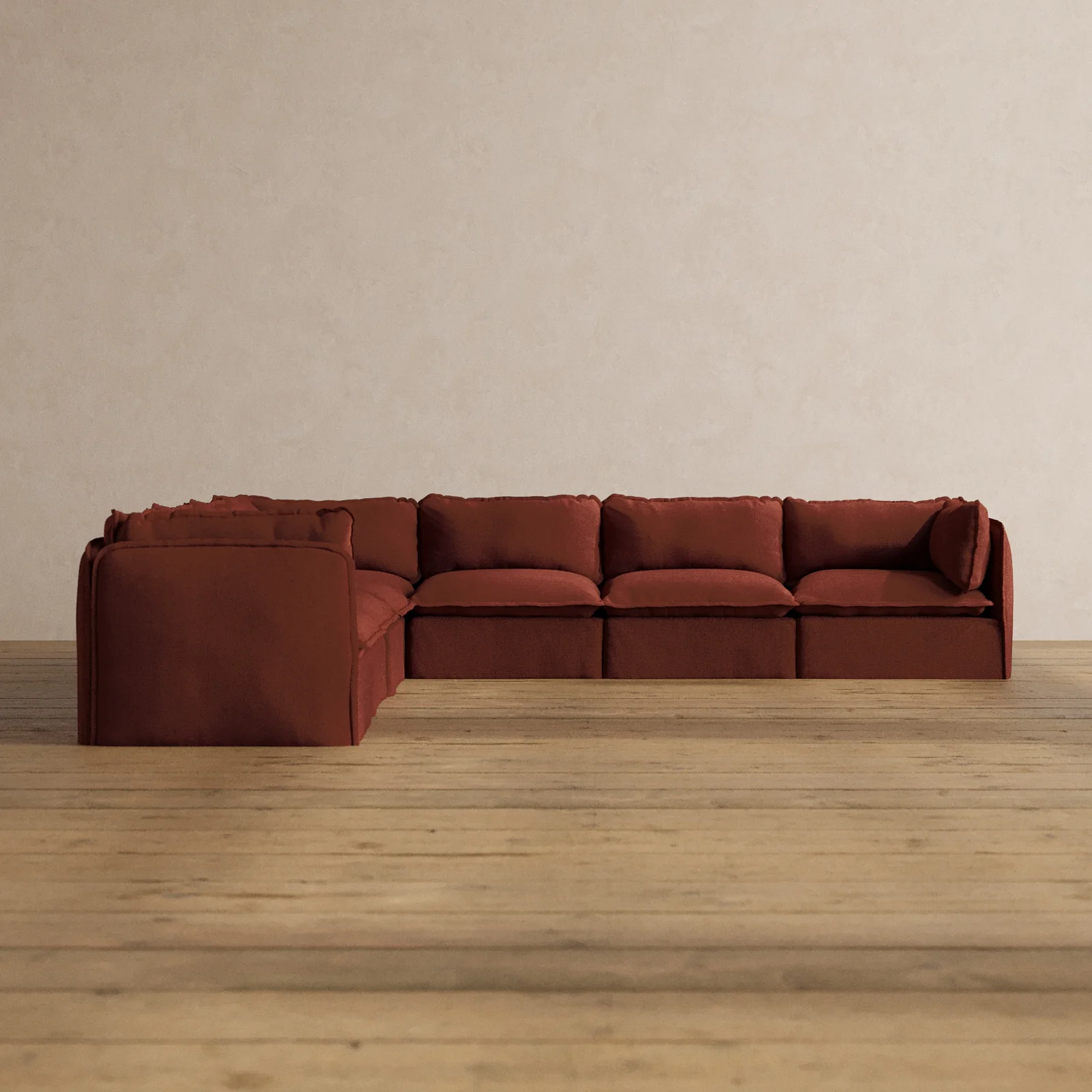 Modular Washable 7-Seater Corner Sectional in Rust | Deluxe+ Seat | Cloud Pillow