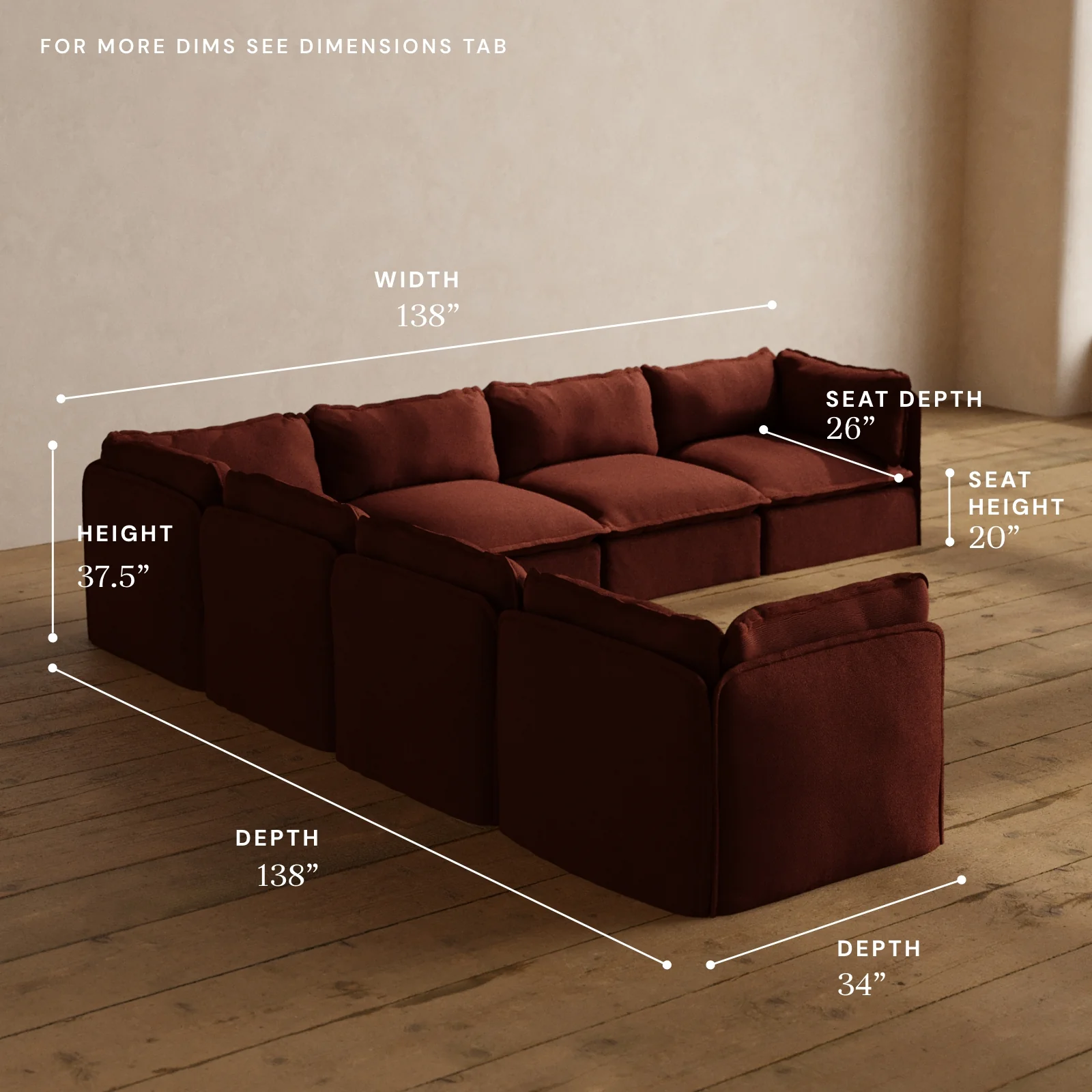 Modular Washable 7-Seater Corner Sectional in Rust | Deluxe+ Seat | Cloud Pillow - Image 5