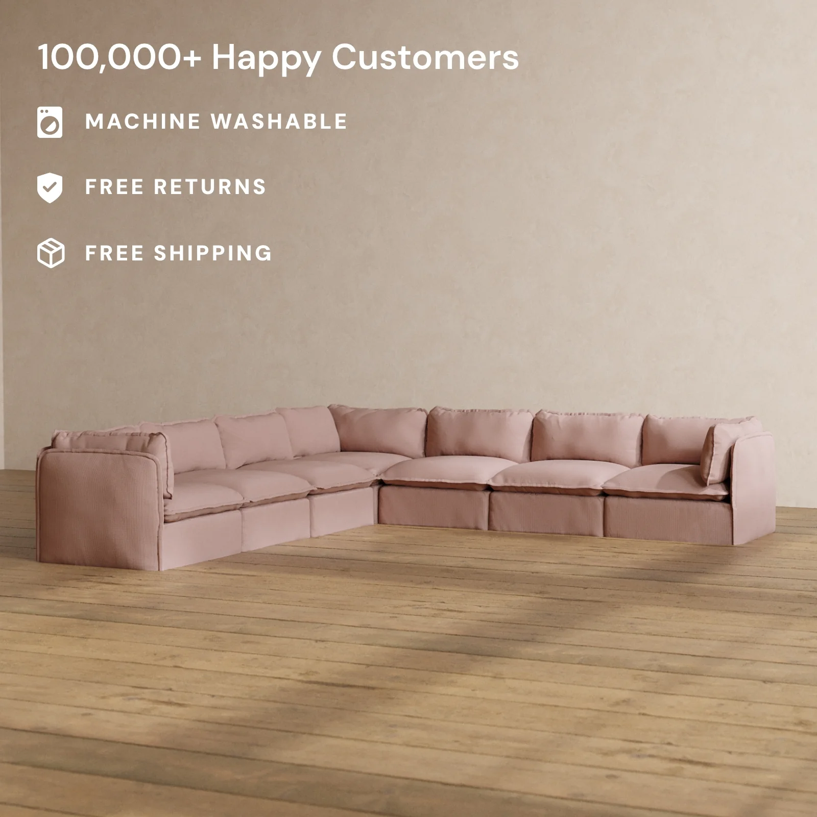Modular Washable 7-Seater Corner Sectional in Sakura | Deluxe+ Seat | Cloud Pillow - Image 2