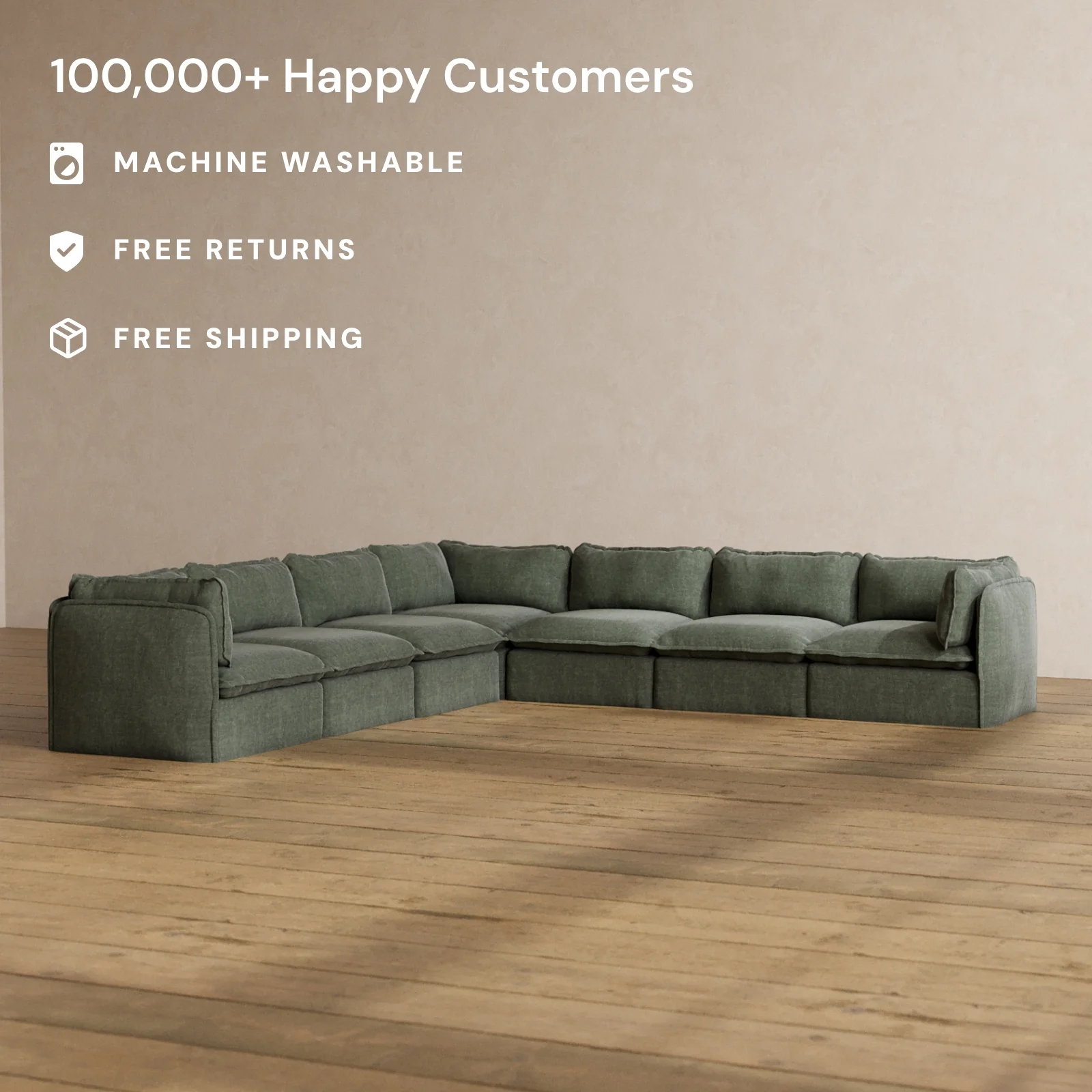 Modular Washable 7-Seater Corner Sectional in Willow | Deluxe+ Seat | Cloud Pillow - Image 2