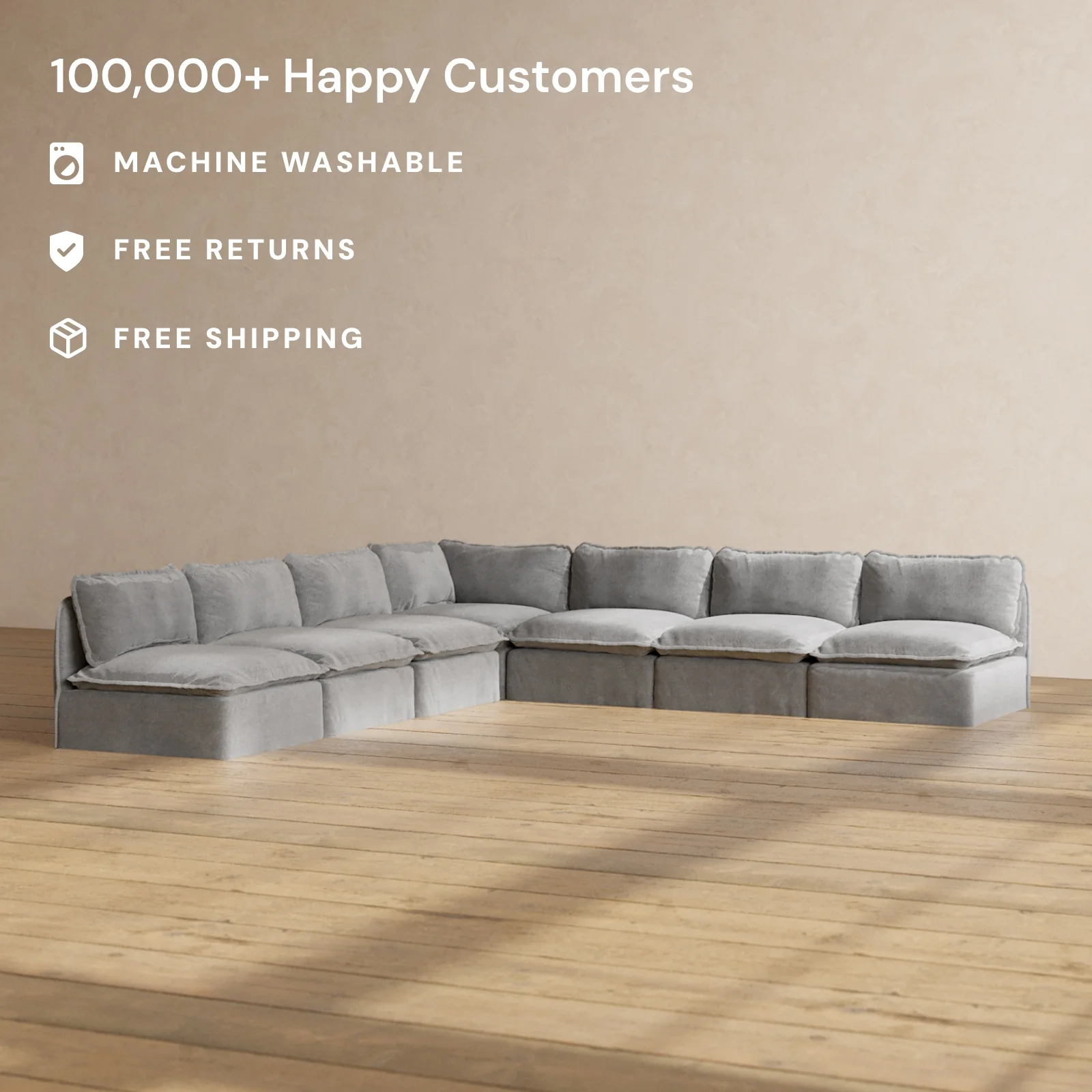 Modular Washable 7-Seater Open-Ends Corner Sectional in Ash | Memorix+ Seat | Contour Pillow - Image 2