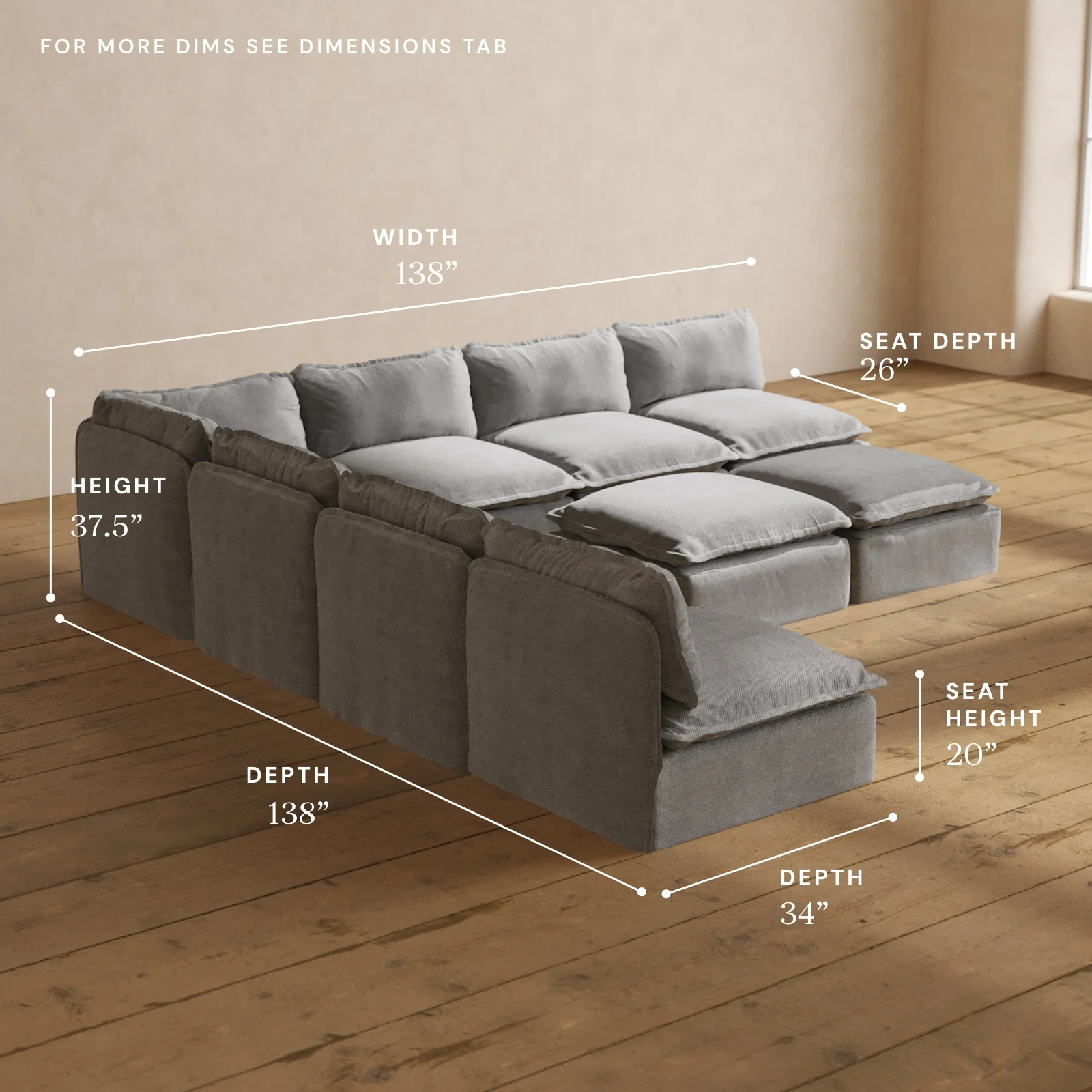 Modular Washable 7-Seater Open-Ends Corner Sectional + Bench Ottoman in Ash | Deluxe+ Seat | Cloud Pillow - Image 5