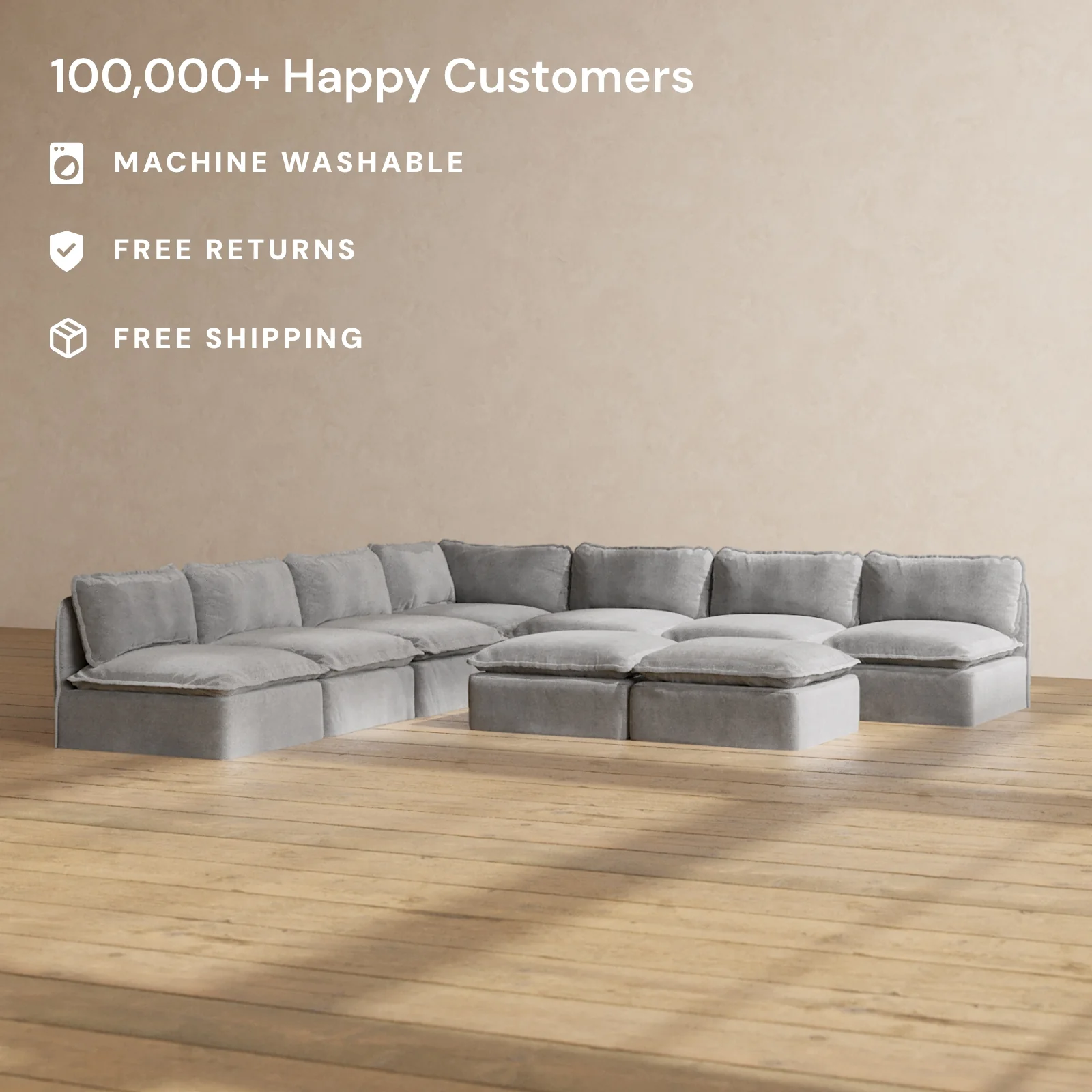 Modular Washable 7-Seater Open-Ends Corner Sectional + Bench Ottoman in Ash | Memorix+ Seat | Contour Pillow - Image 2