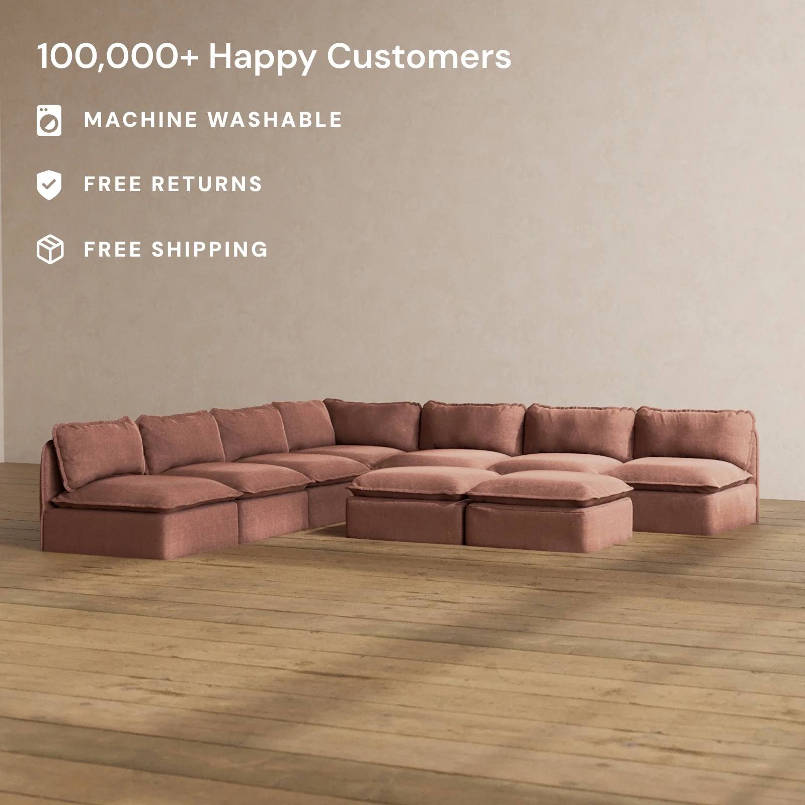Modular Washable 7-Seater Open-Ends Corner Sectional + Bench Ottoman in Chestnut | Memorix+ Seat | Contour Pillow - Image 2
