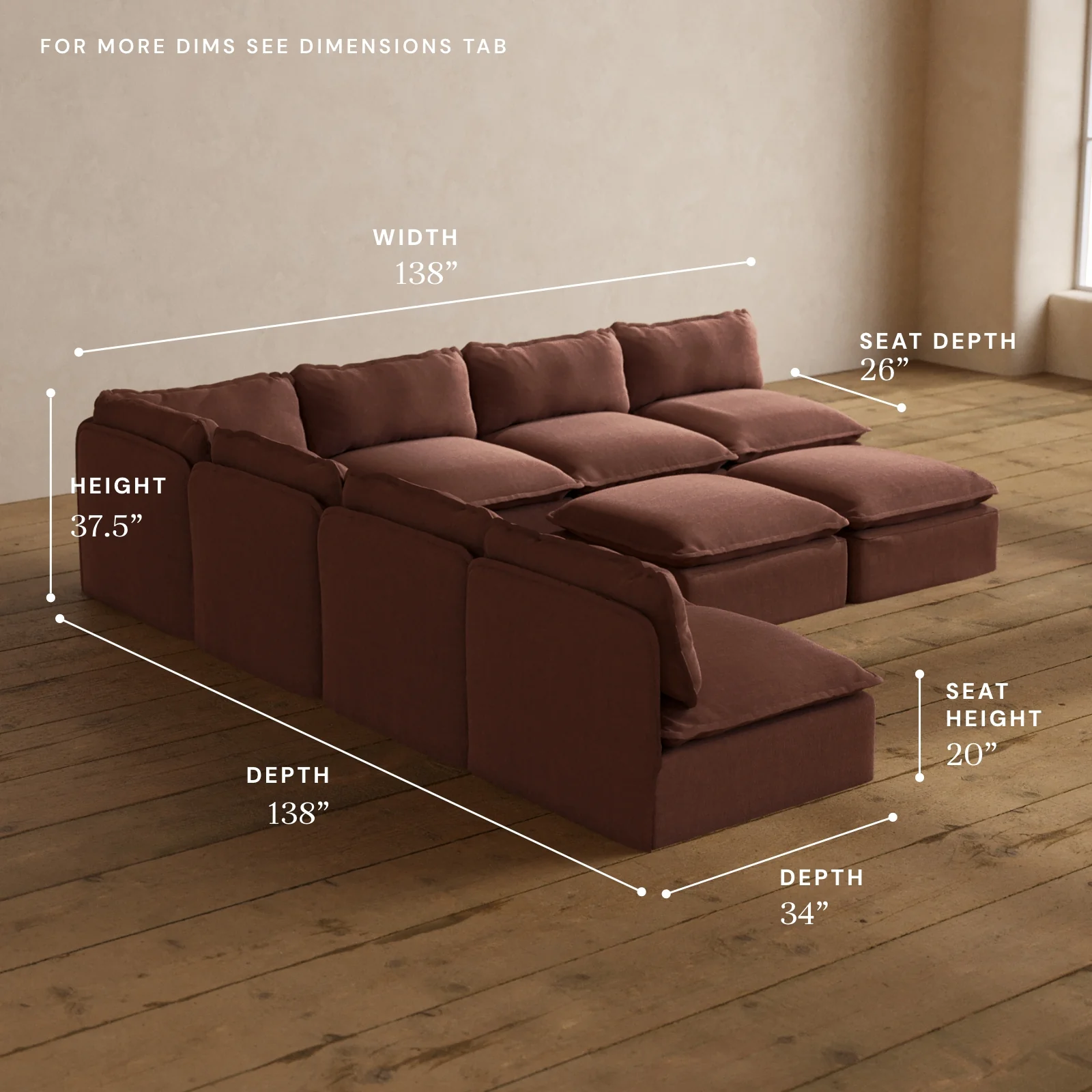 Modular Washable 7-Seater Open-Ends Corner Sectional + Bench Ottoman in Chestnut | Memorix+ Seat | Contour Pillow - Image 5