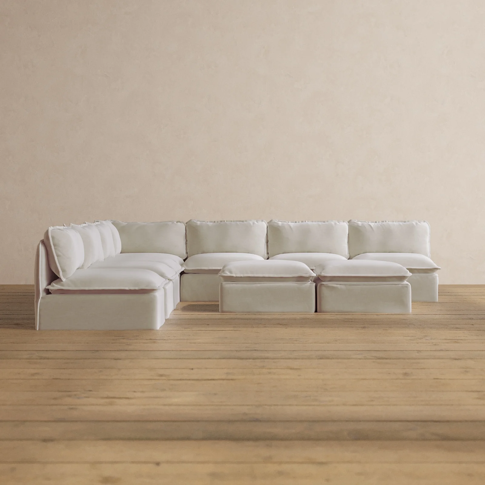 Modular Washable 7-Seater Open-Ends Corner Sectional + Bench Ottoman in Coco | Deluxe+ Seat | Cloud Pillow
